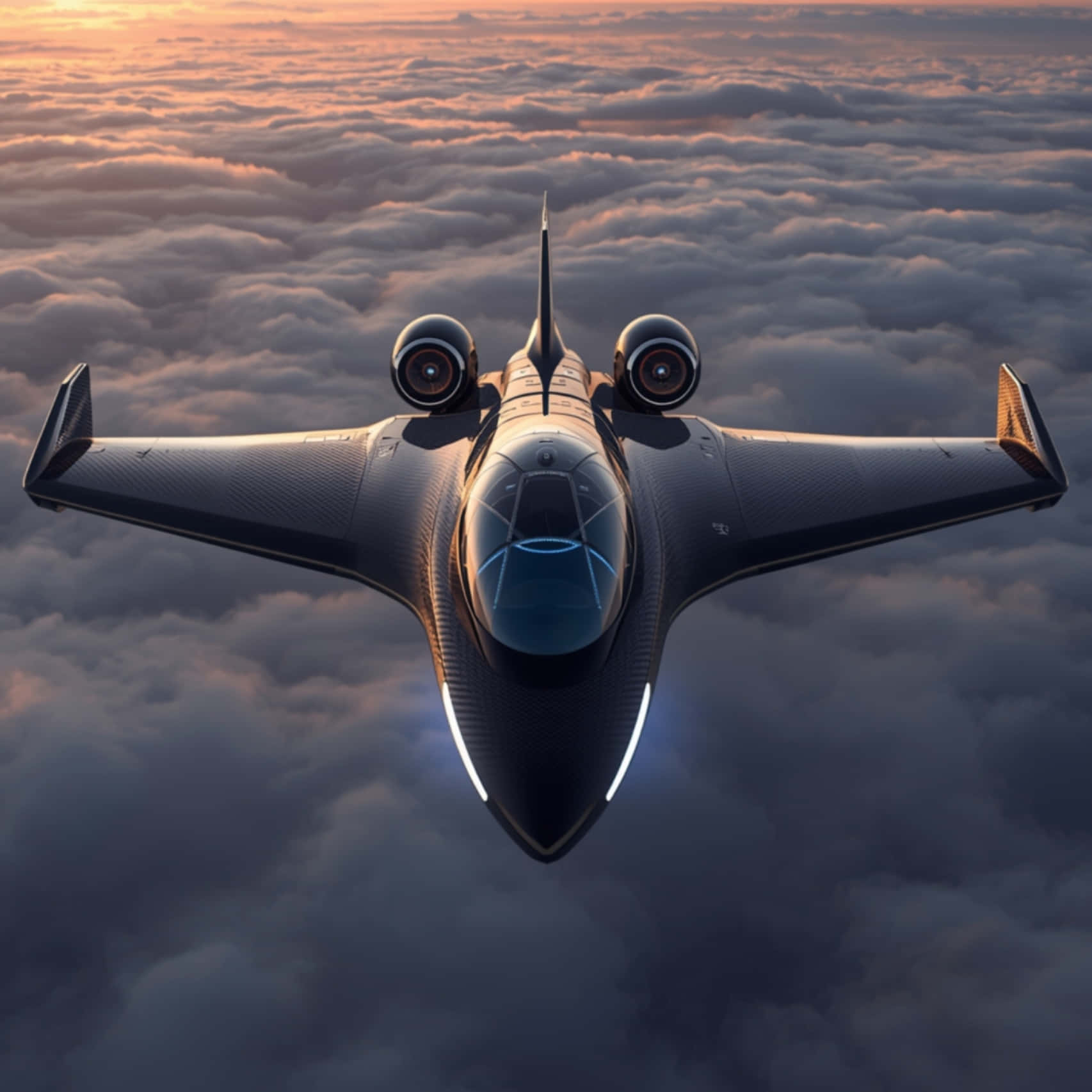 Avanceret jetfly over skyformation under den gyldne time, fremtidens luftfart Wallpapers