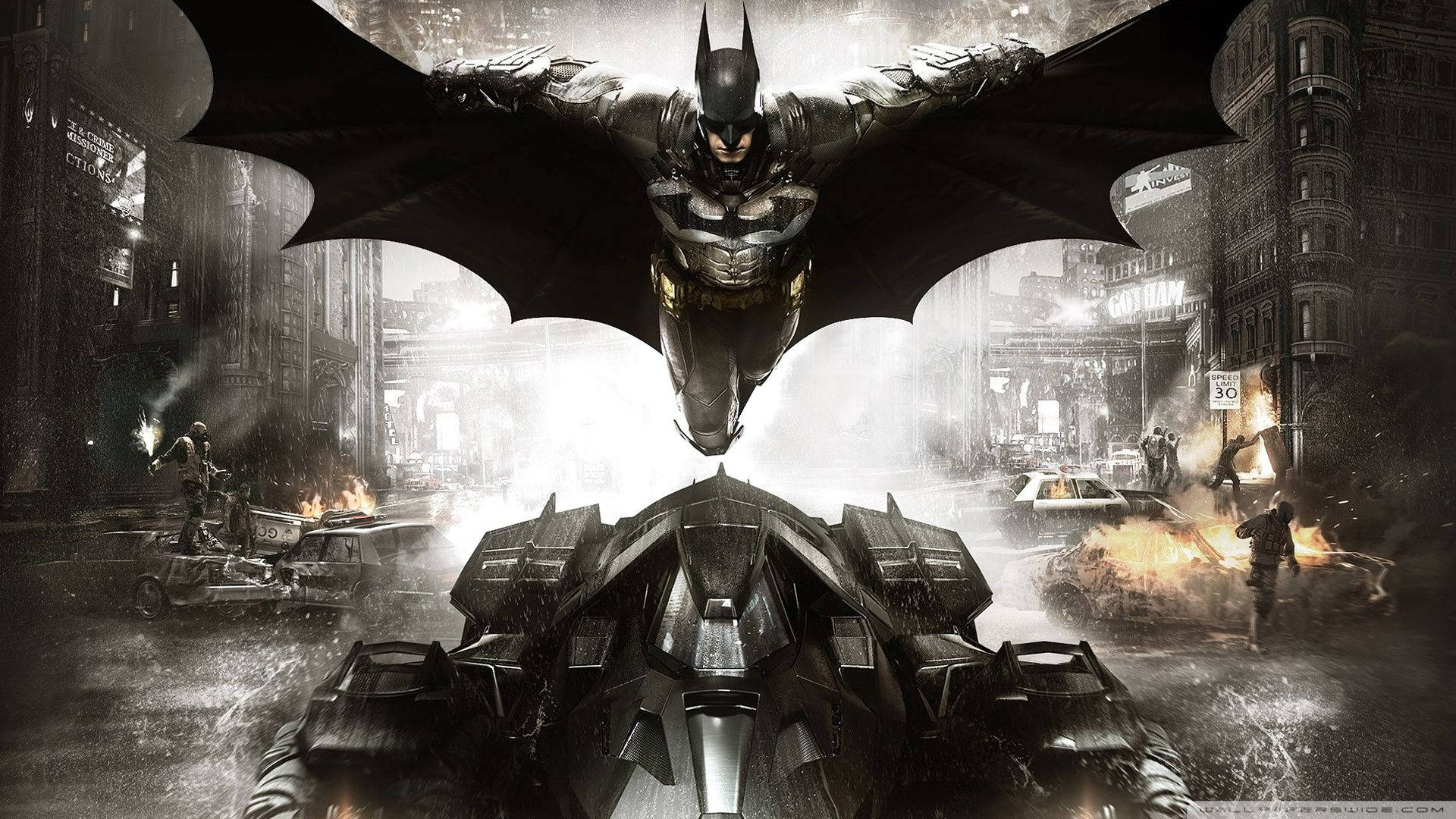 Batman flyvende over Batmobilen wallpaper — Batman Wallpapers
