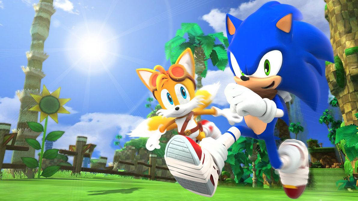 Wallpaper af Sonic og Tails, der løber rundt på en solskinsdag. — Sonic Wallpapers