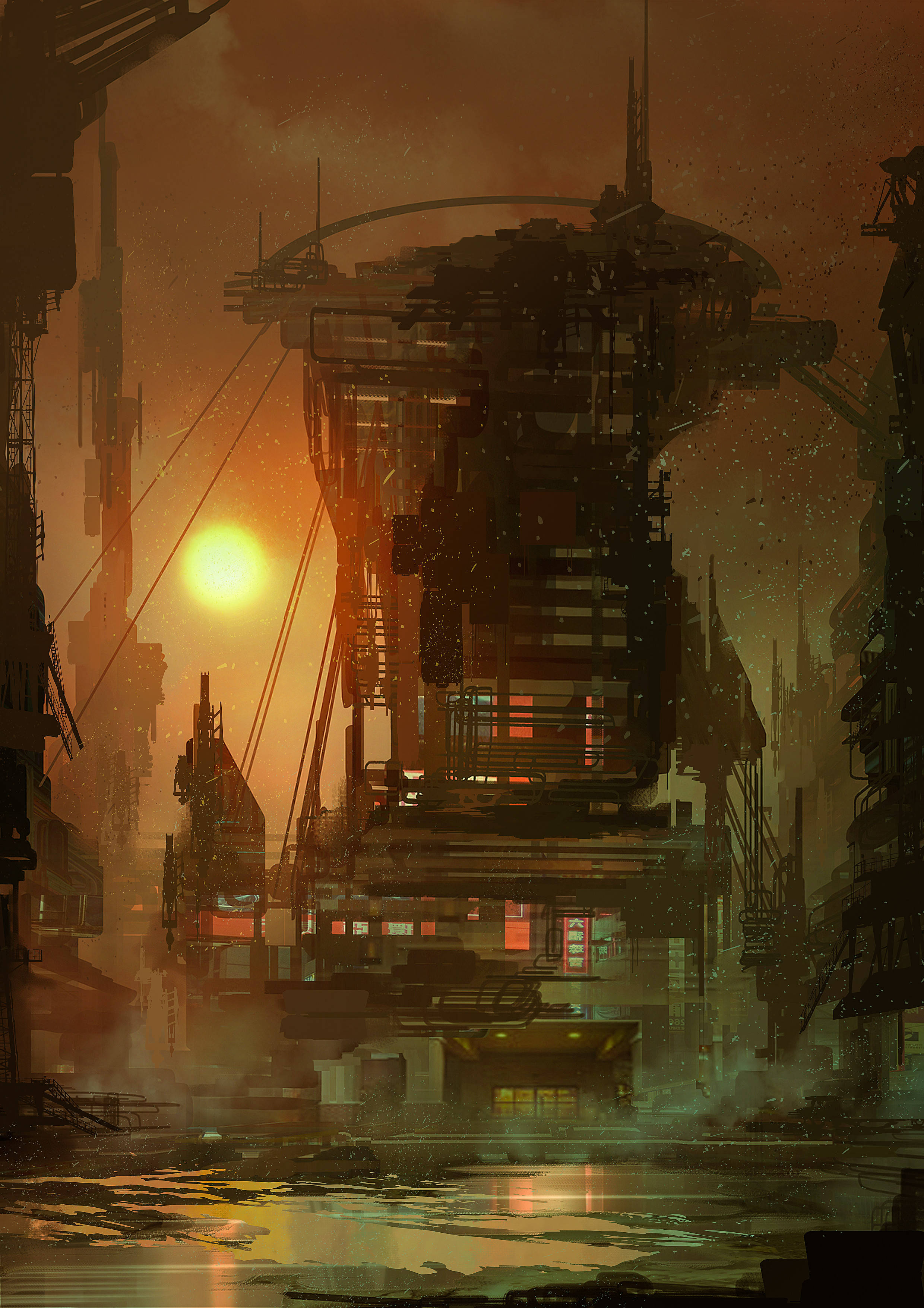 Oplyst steampunk-bygning udødeliggjort ved solnedgang Wallpapers