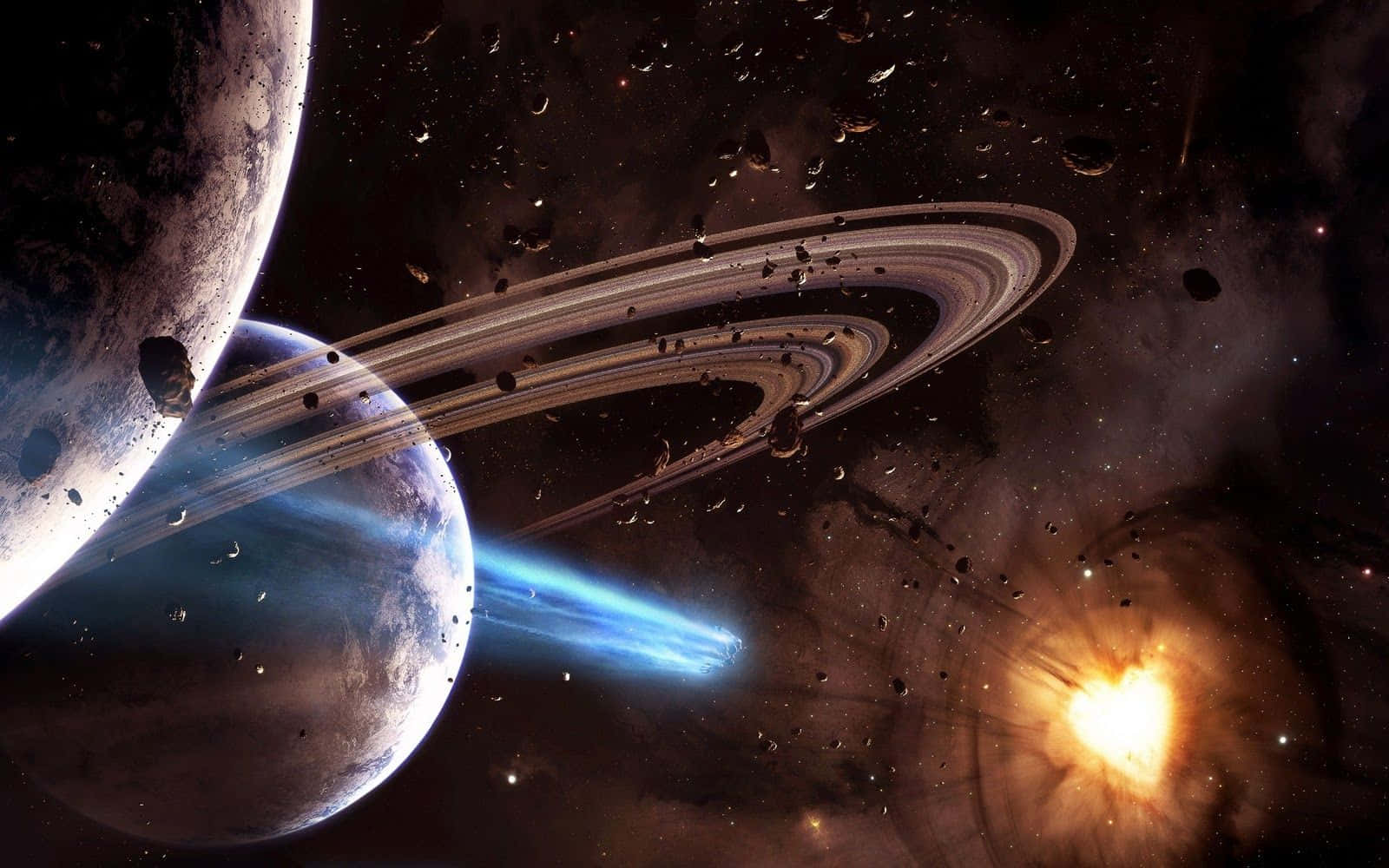 Betagende udsigt over det ydre rum med planeter, stjerner og tåge Wallpapers