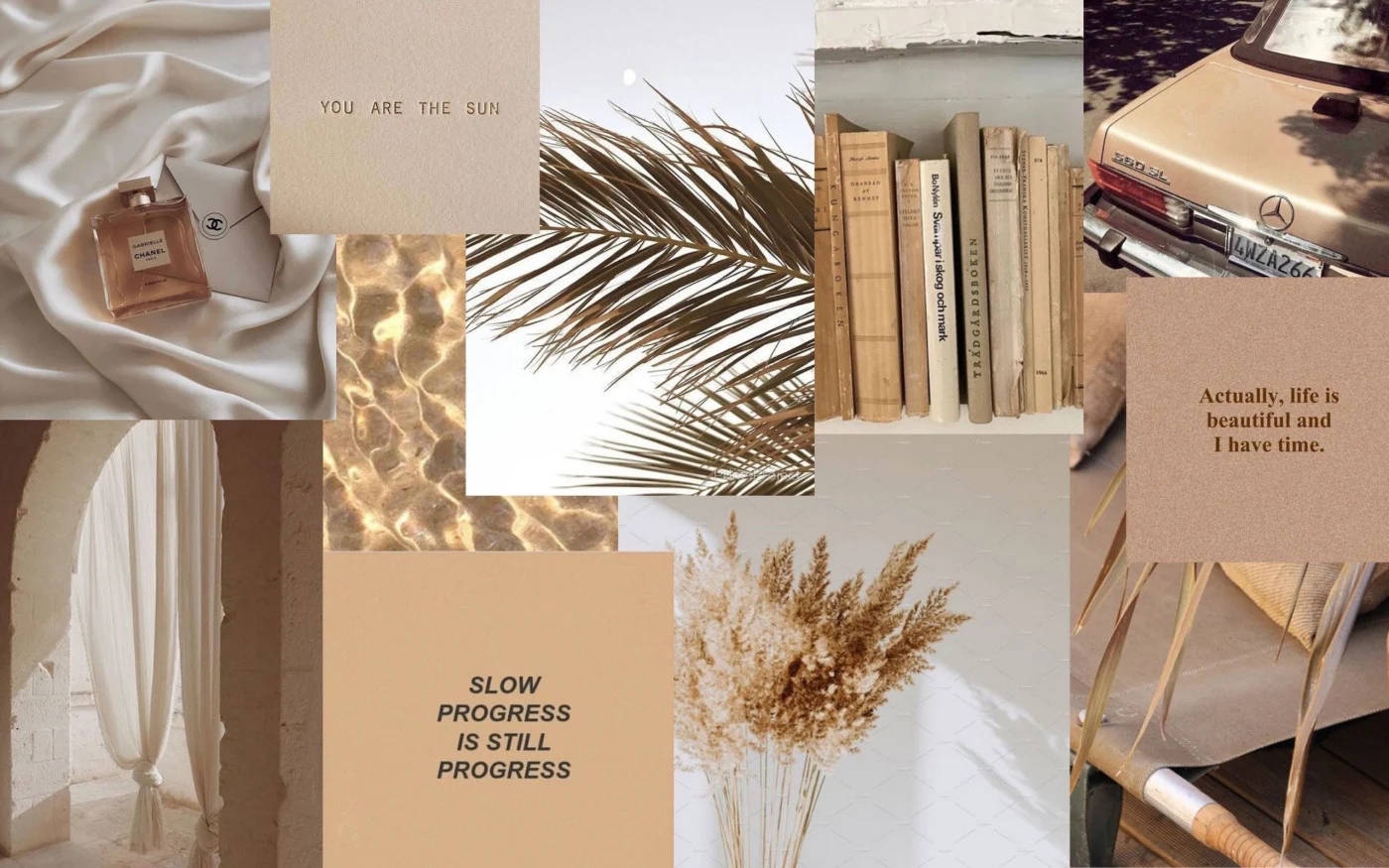 Bøger og planter beige æstetisk skrivebordscollage Wallpapers