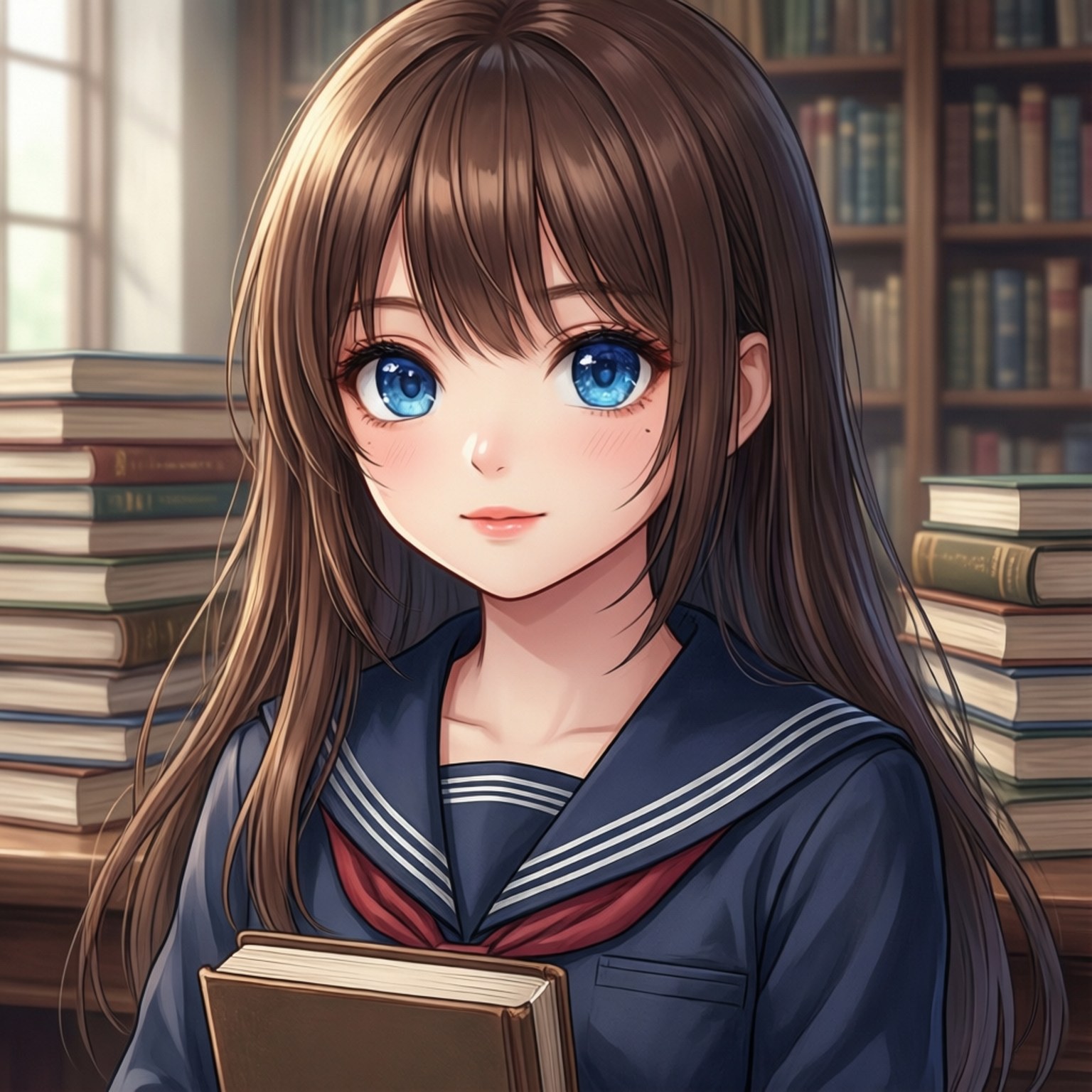 Bibliotekspige med brunt hår Wallpapers