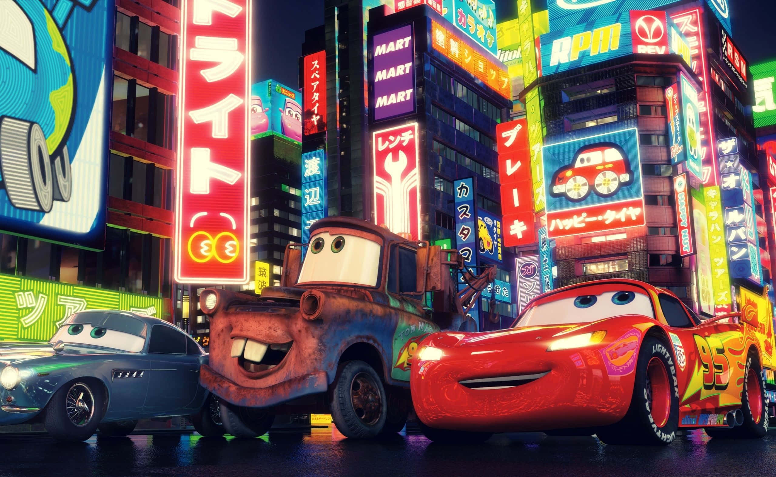 biler i en by med neonlys Wallpapers