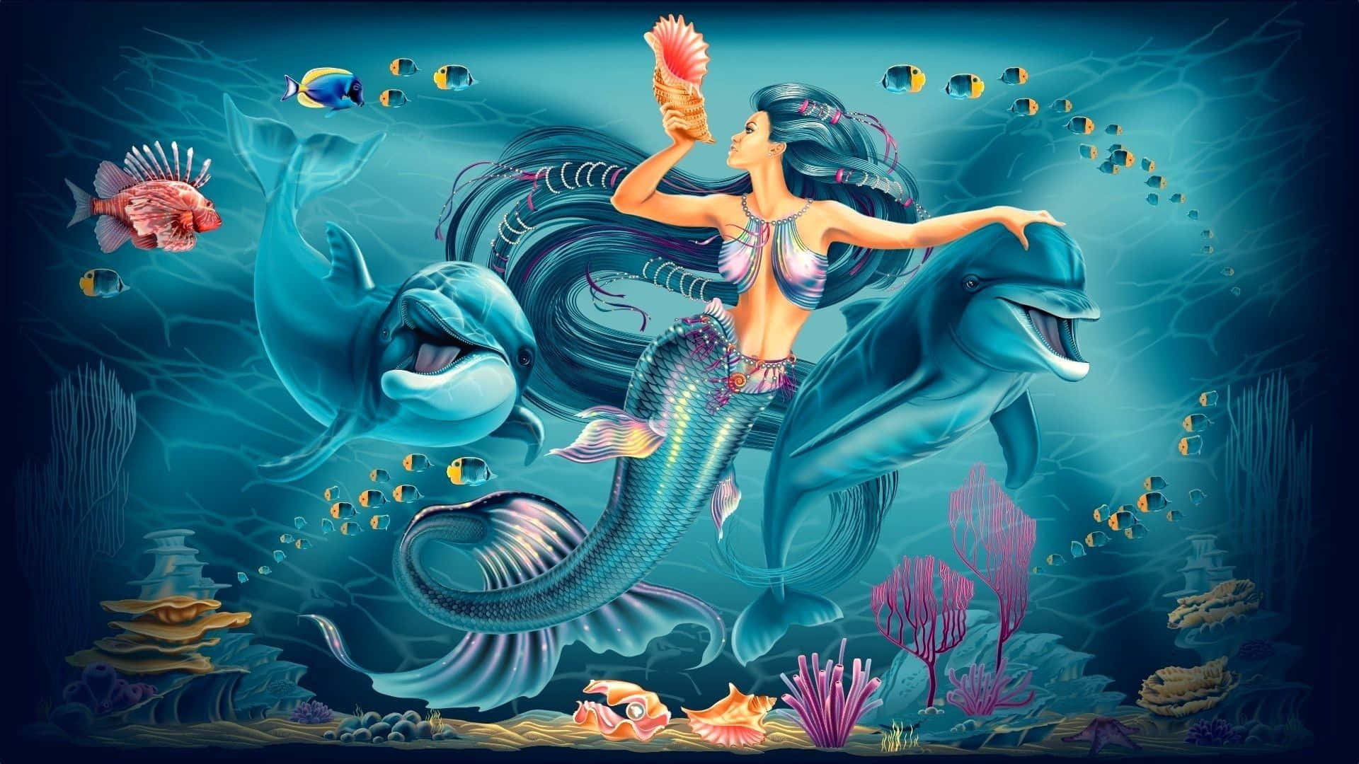 Billede af havfrue med blå delfiner Wallpapers