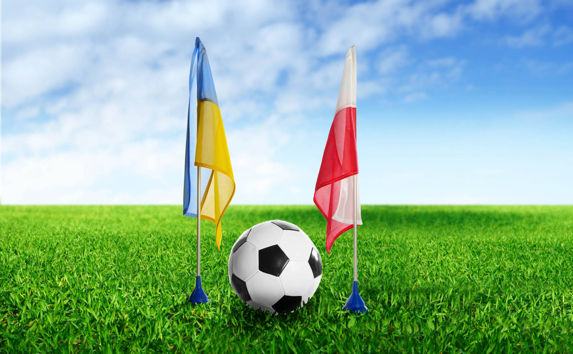 Fodbold Ukraine Polen flag grøn fodboldbane baggrund. — Fodbold Wallpapers