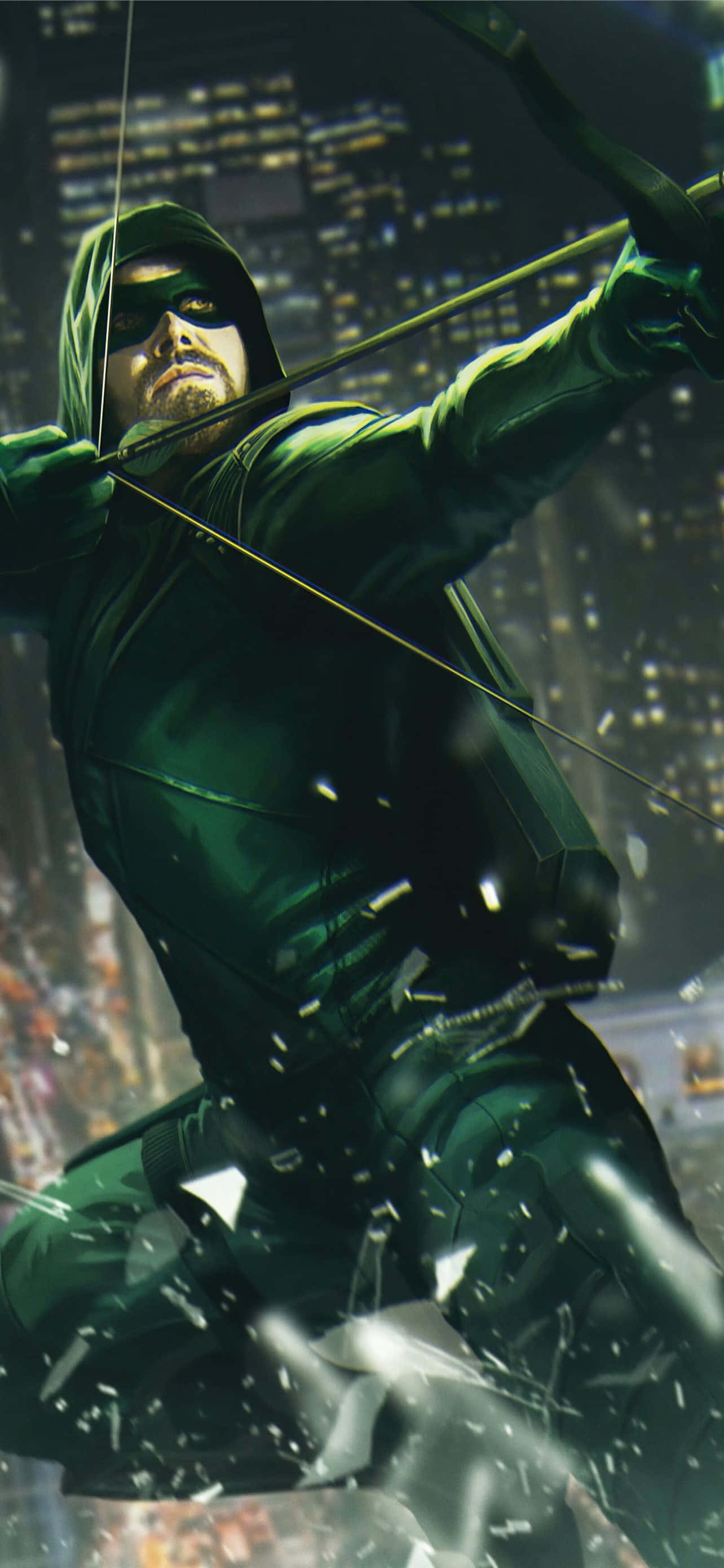 Billedtekst: Intens Green Arrow-action på iPhone Wallpapers