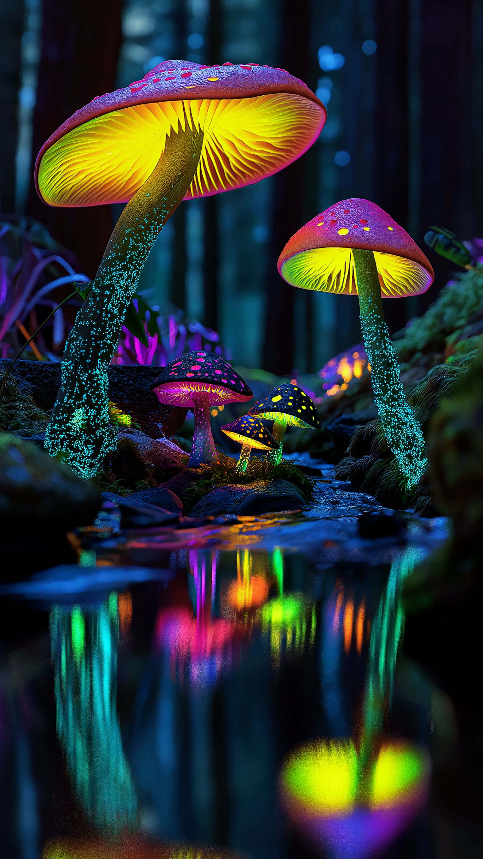 Bioluminescerende svampe, der lyser levende i en fortryllet skov og spejler sig i vandet Wallpapers