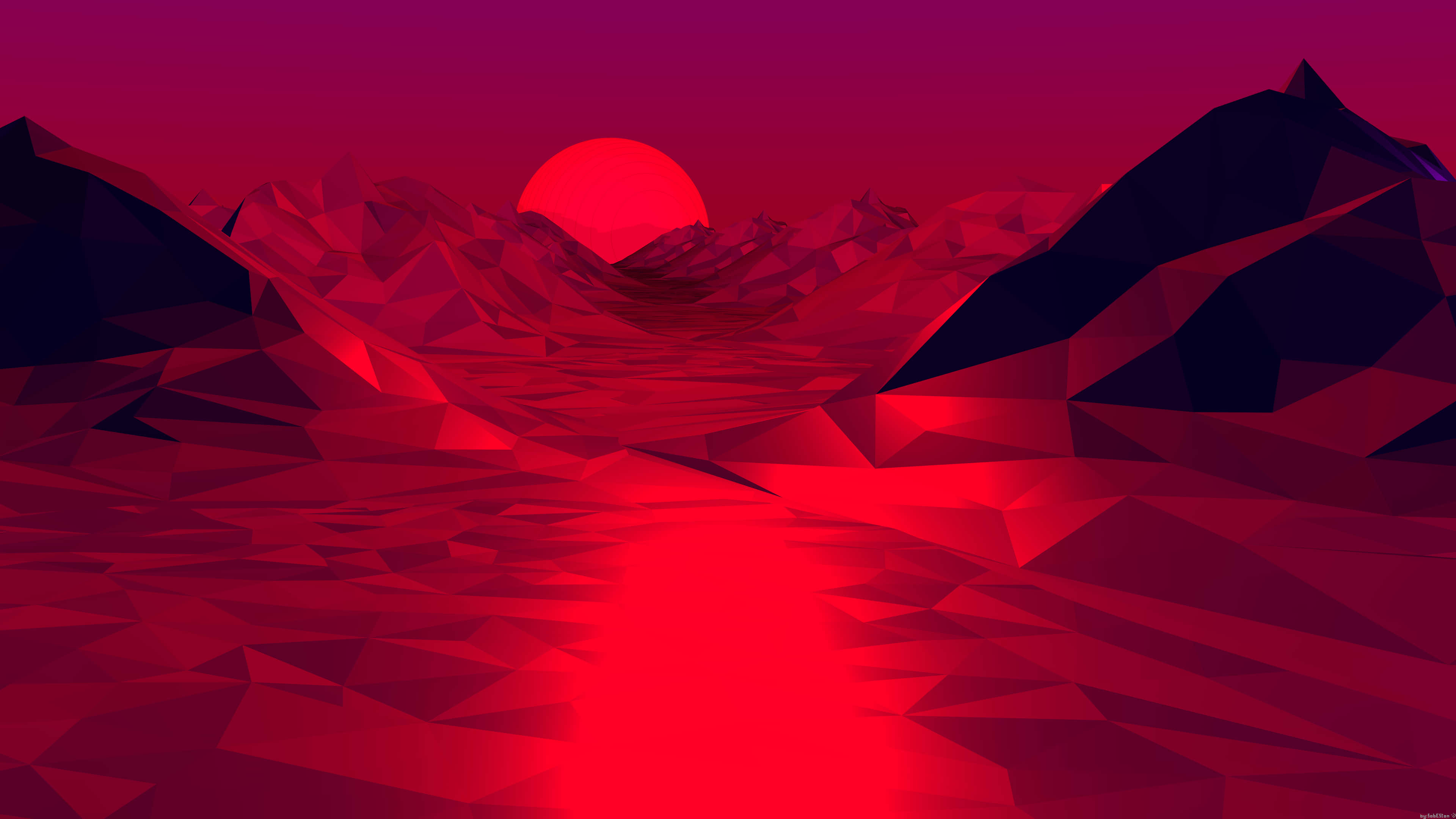 Bjerge Polygonkunst Æstetisk Rød Baggrund Wallpapers