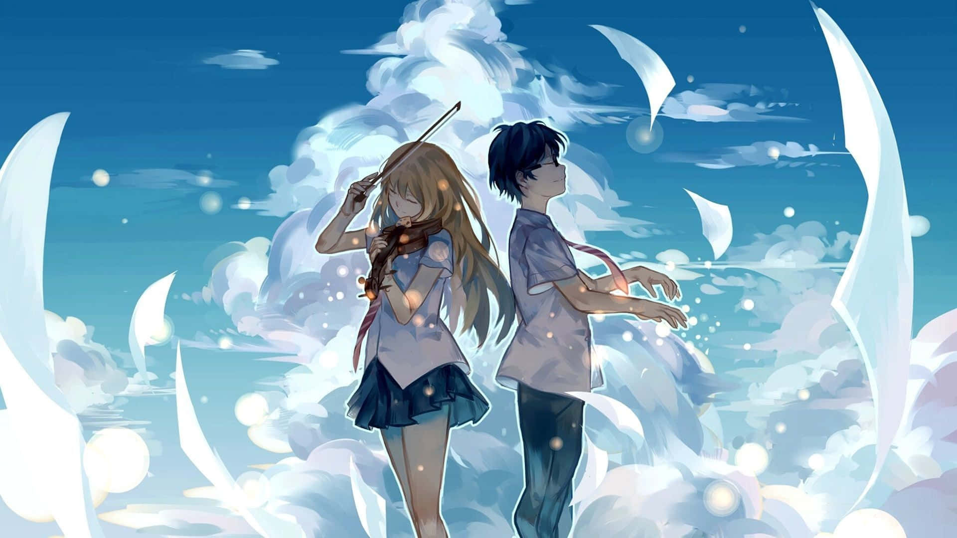 Blå anime æstetik skrivebord med sødt par i himlen Wallpapers