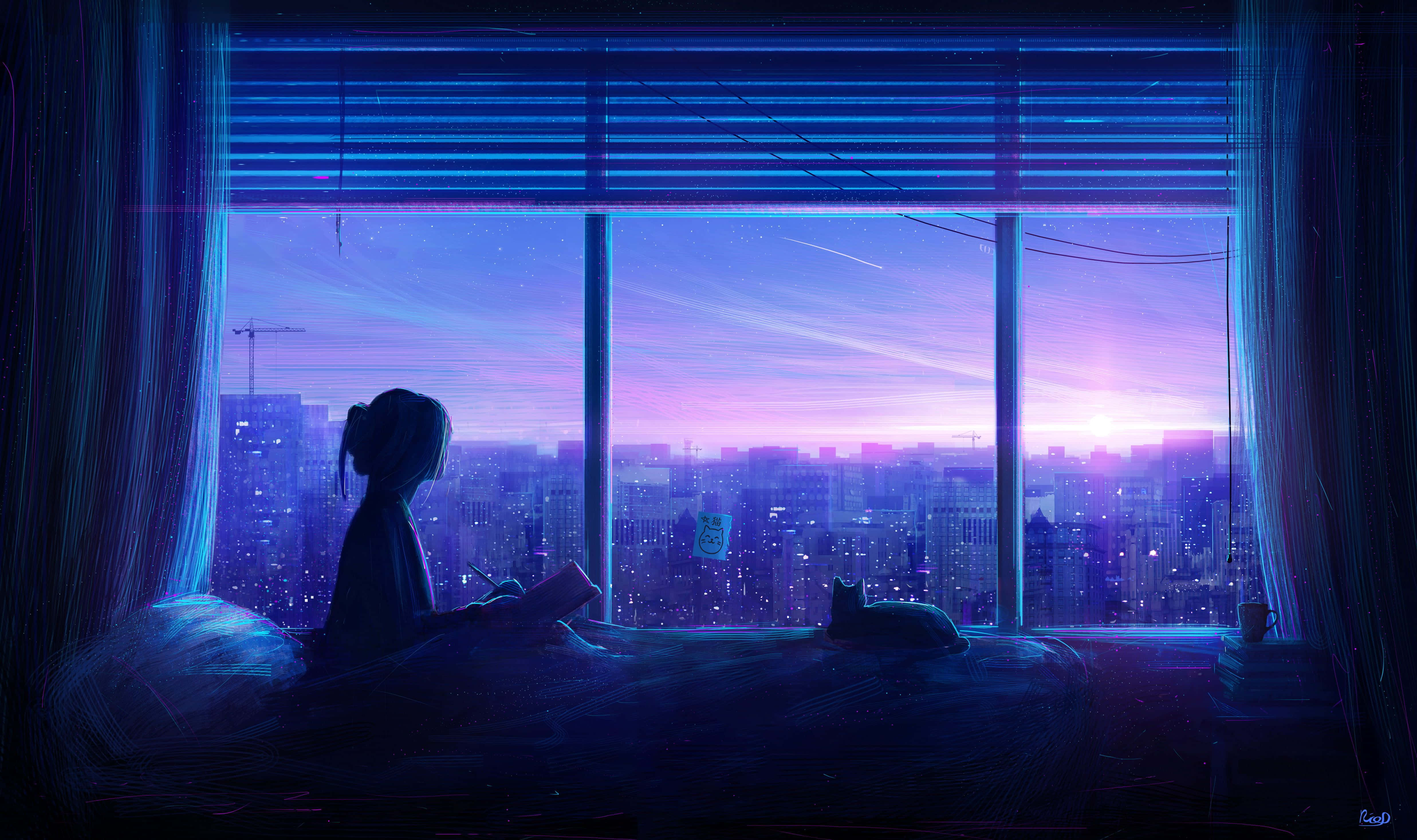Blå animepige æstetik ved bredt vindue med solnedgang Wallpapers