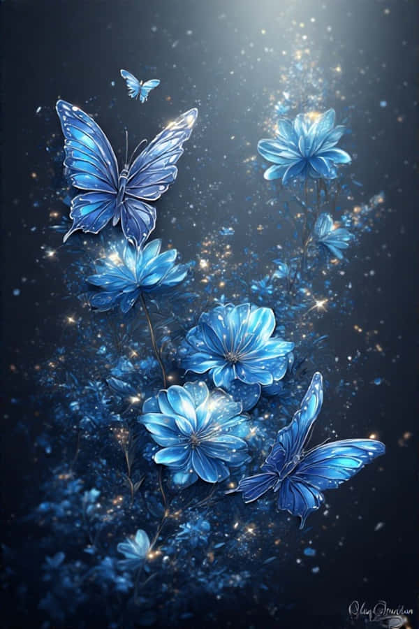 Blå blomster og glødende sommerfugle tapet Wallpapers