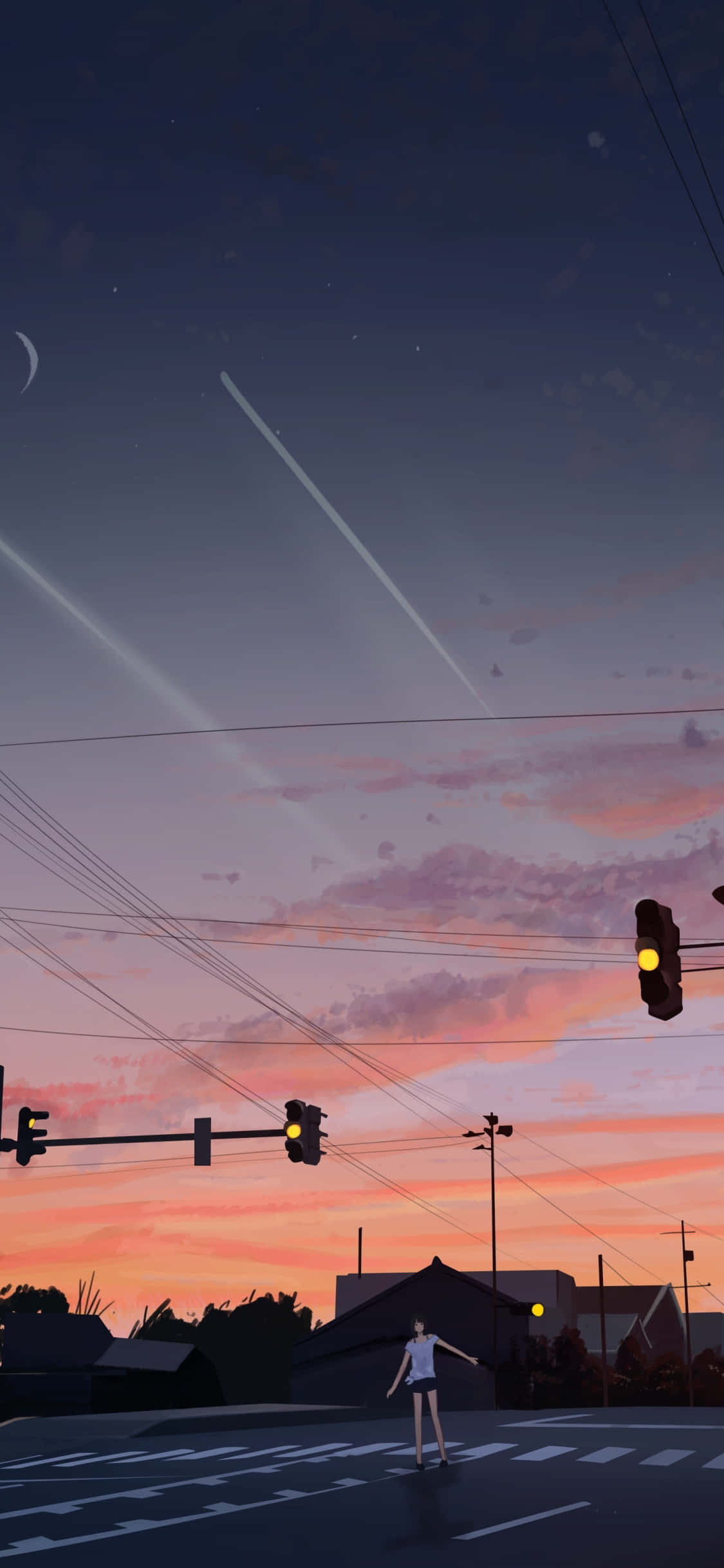 Blå himmel, lyserøde skyer og en silhuet af et træ i den varme, gyldne solnedgang Wallpapers