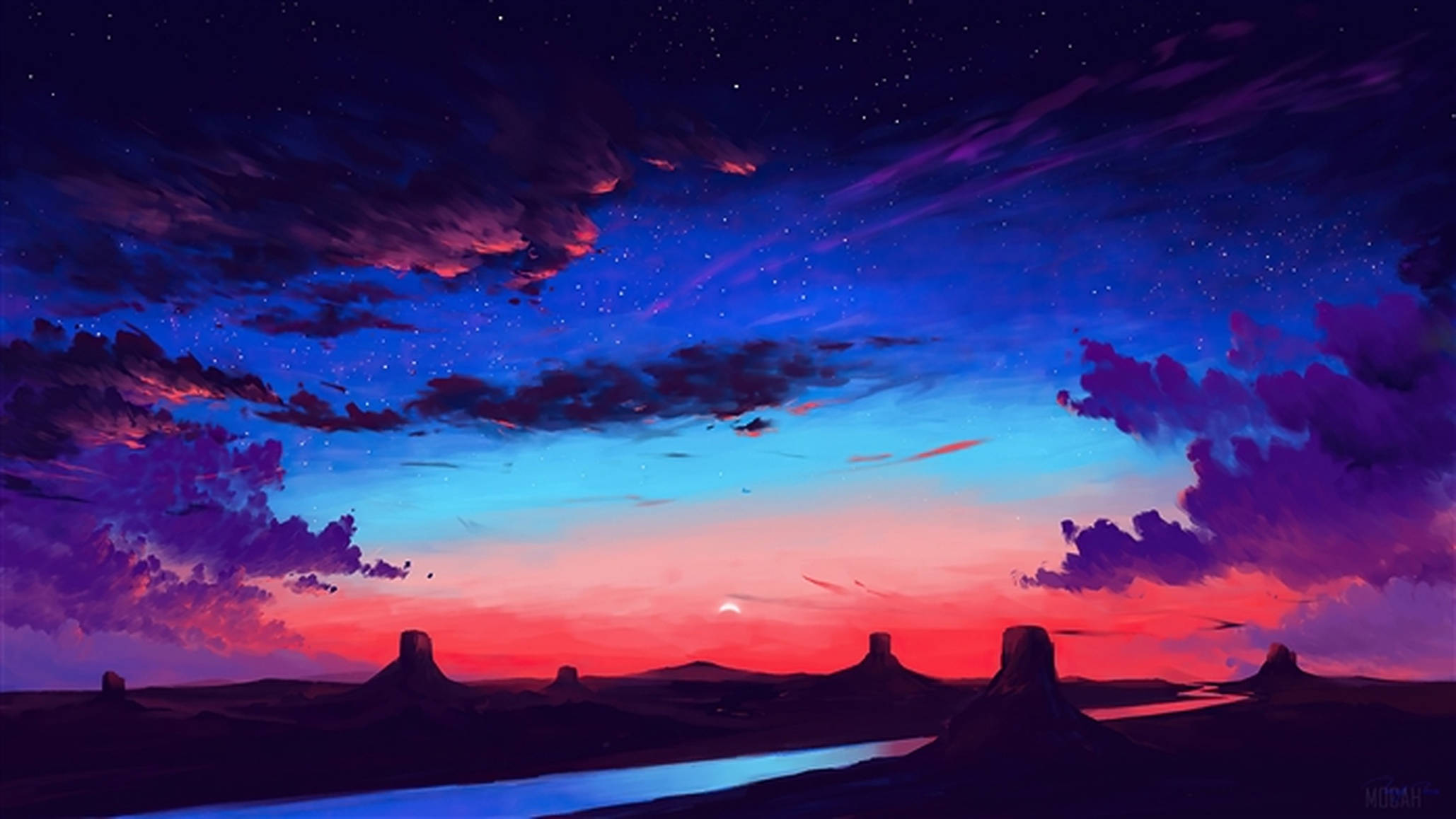 Blå lilla solnedgangshimmel kunst Wallpapers