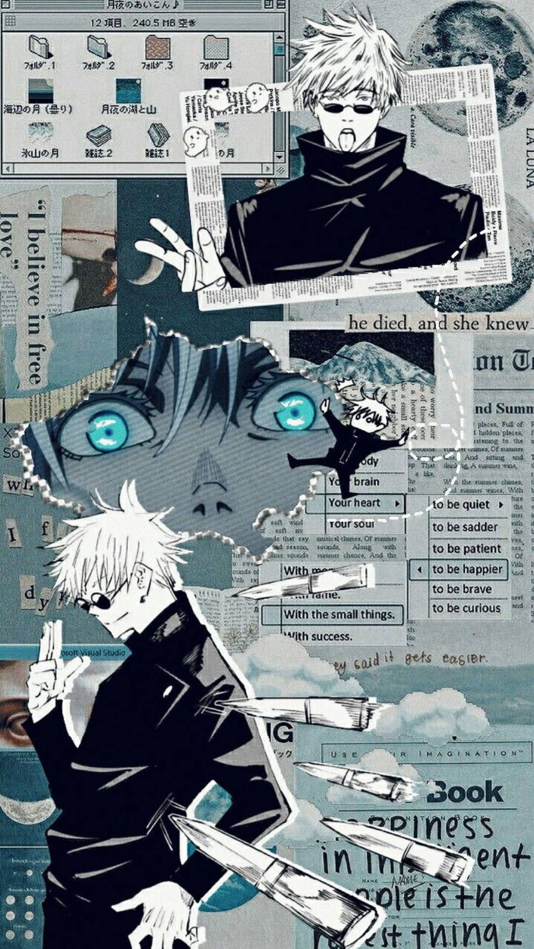 Blå Satoru Gojo scrapbook collage Jujutsu Kaisen telefon Wallpapers