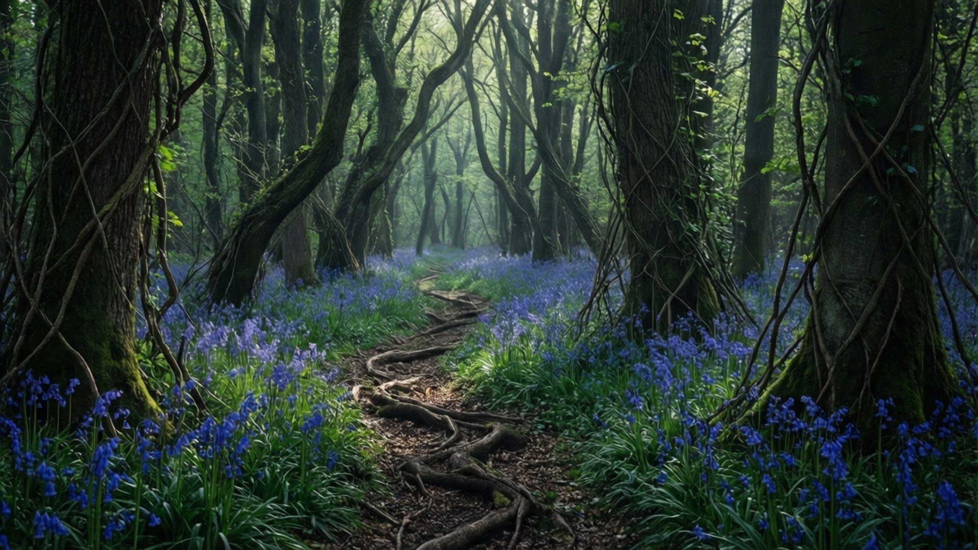 Blåklokkesti i mørk skov Wallpapers