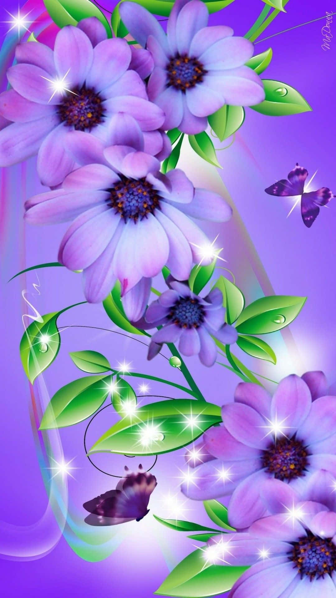 Blomster og sommerfugle i funklende himmel Wallpapers
