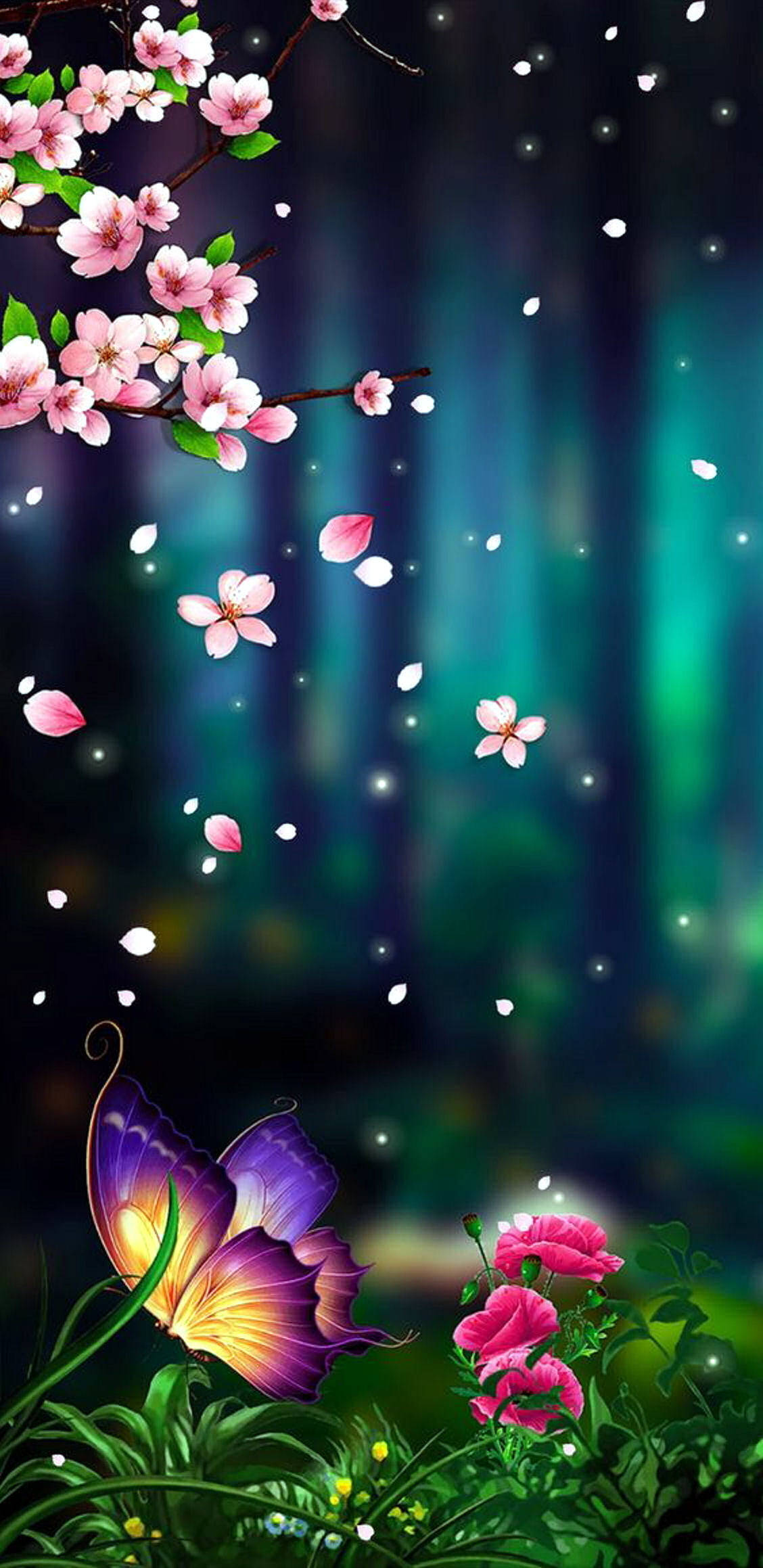 Blomster og sommerfugl 3D Android-telefon Wallpapers