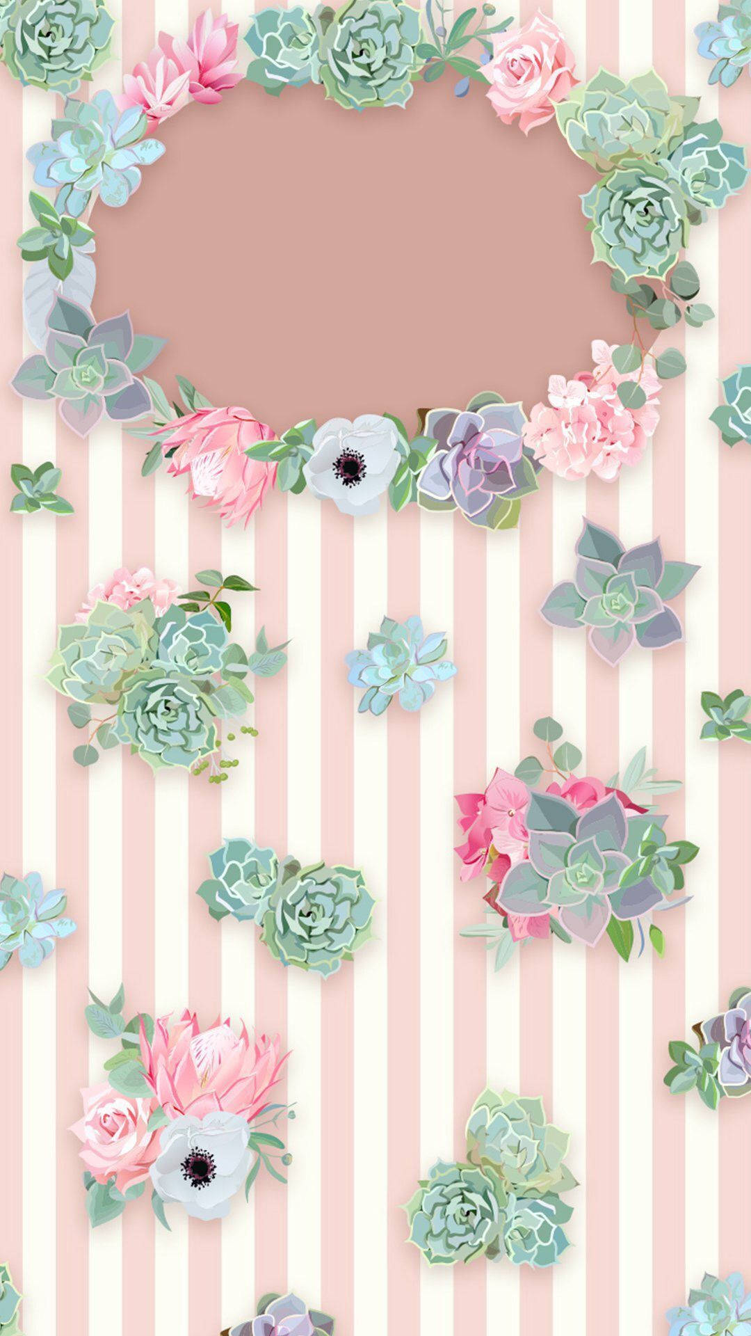 Blomster på kawaii lyserød stribet baggrund Wallpapers