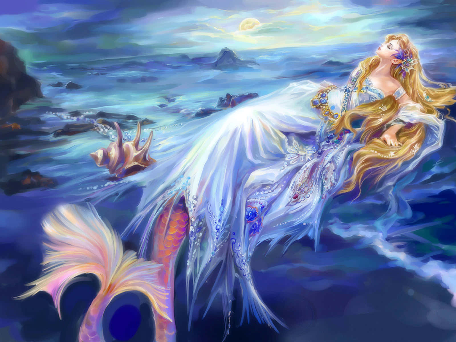 Blond havfrue i blå kjole Wallpapers