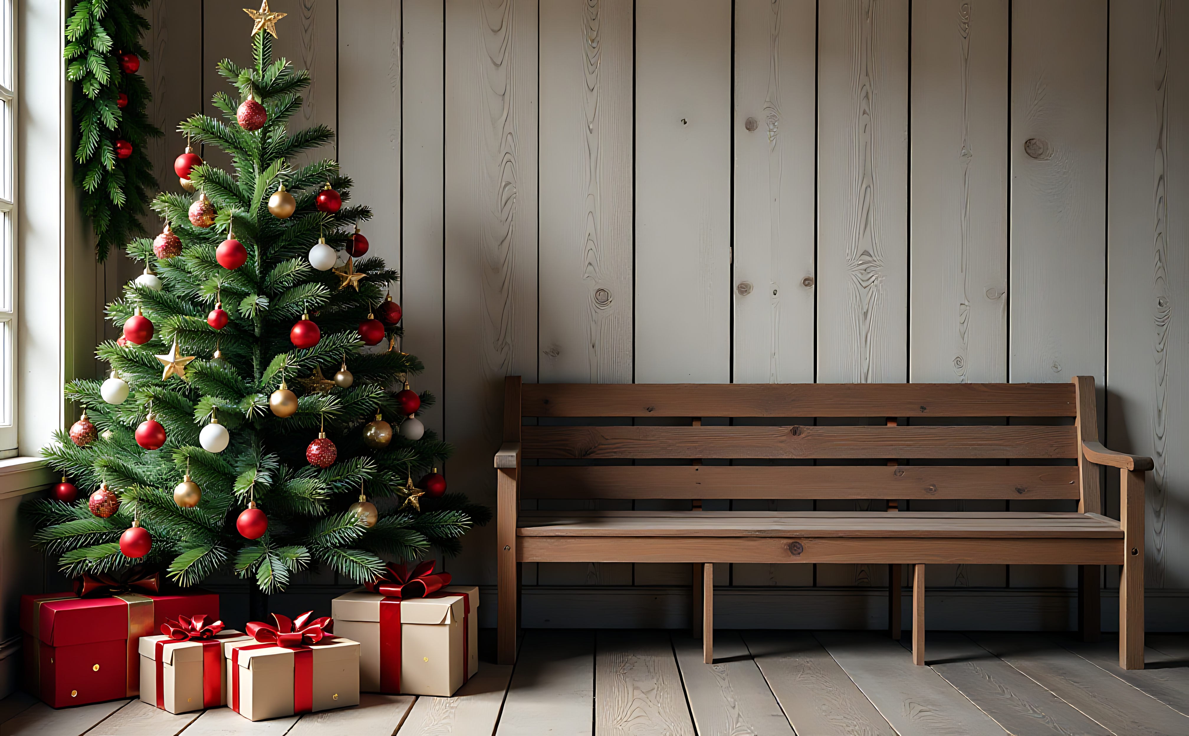 Bænk under juletræ med gaver Wallpapers