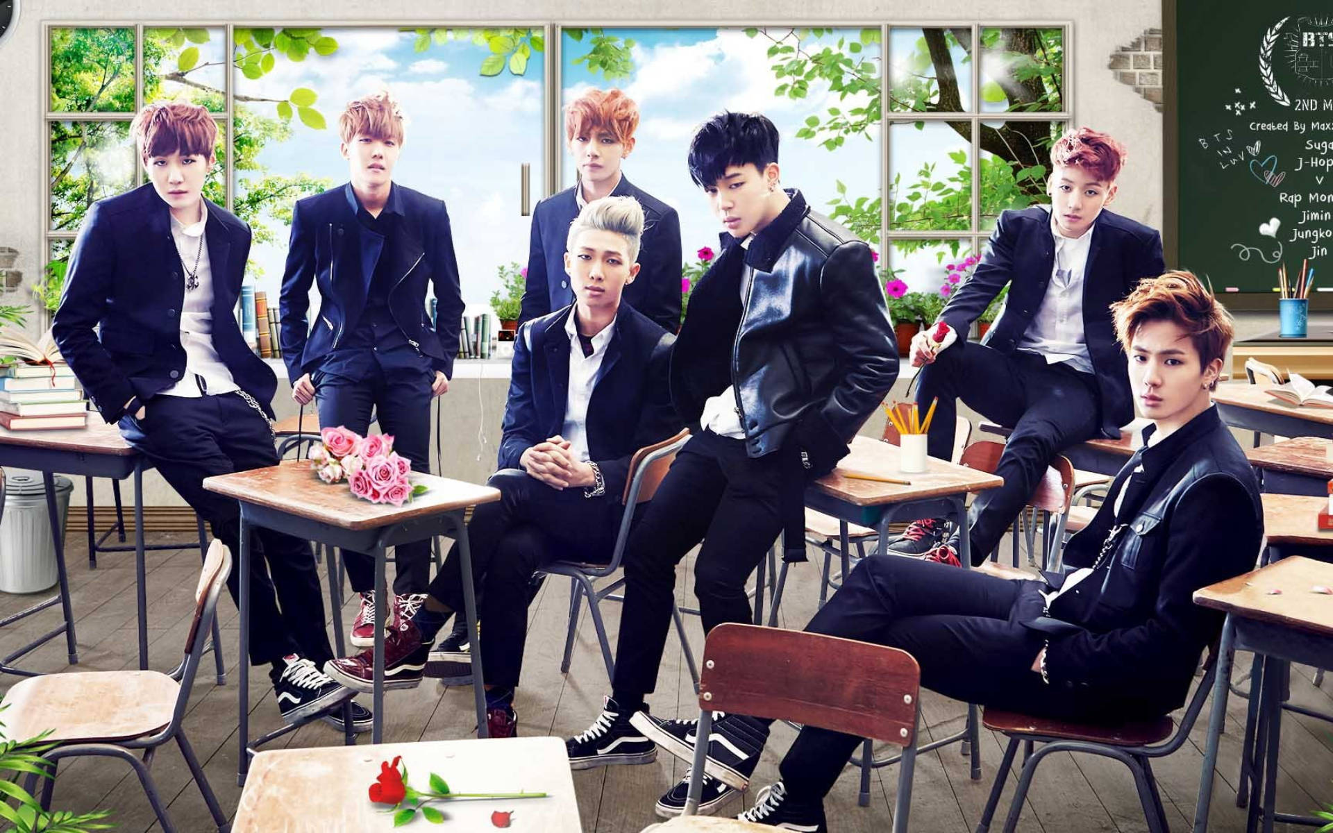 BTS gruppebillede i klasseværelset Wallpapers