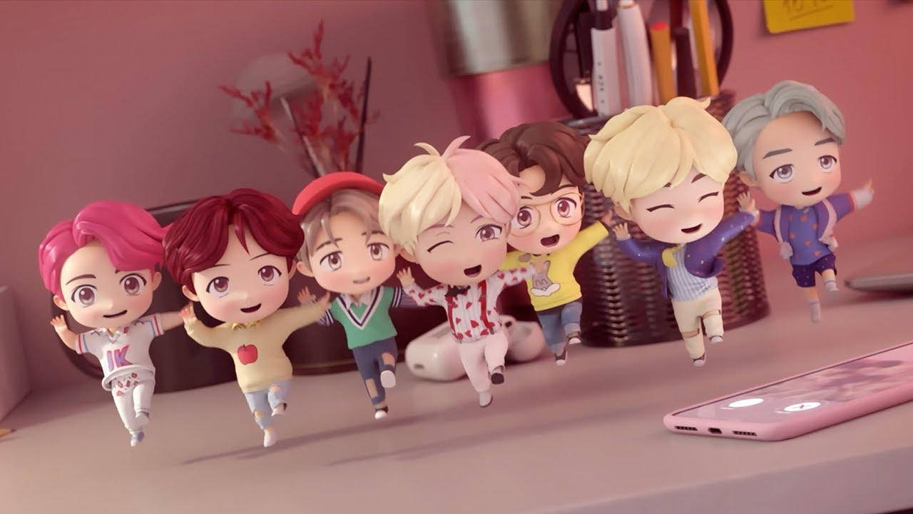 BTS TinyTAN-figurer dansende på bærbar Wallpapers