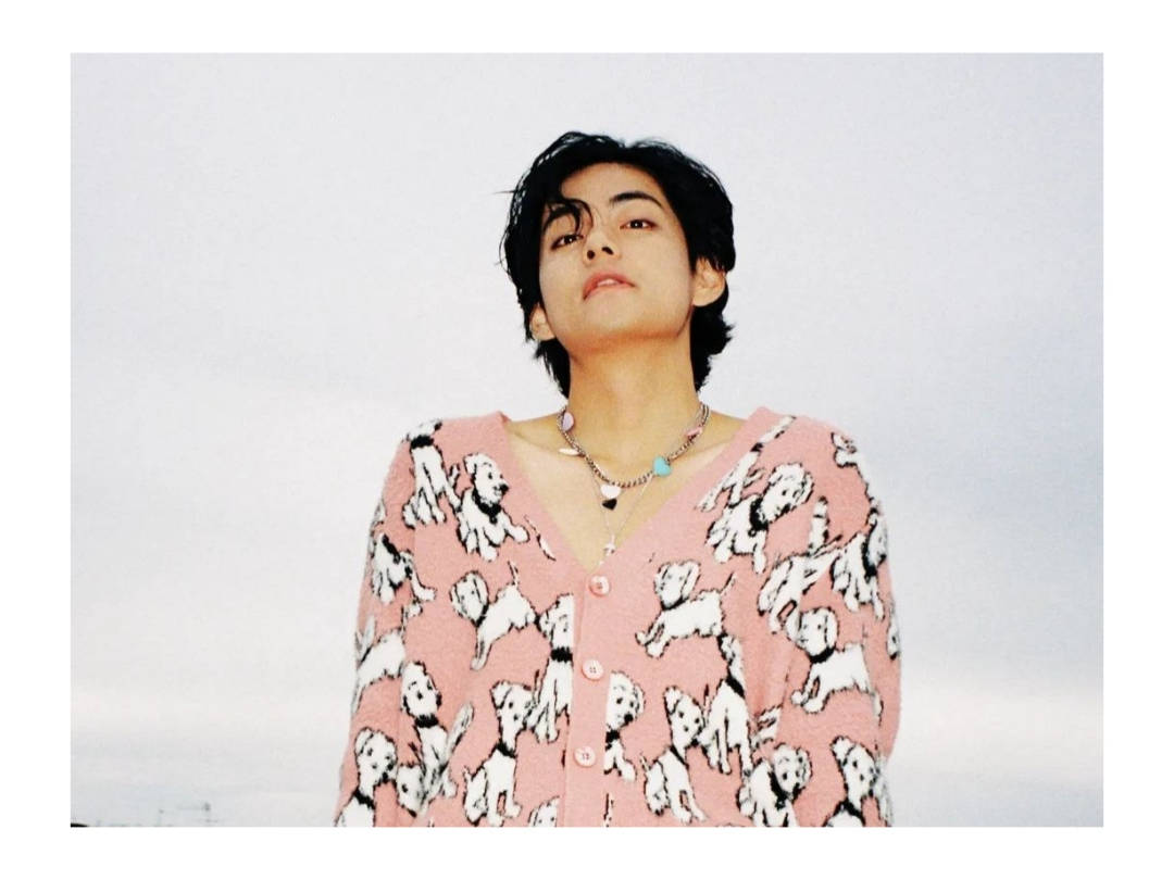 BTS V i lyserød hvalpecardigan Wallpapers