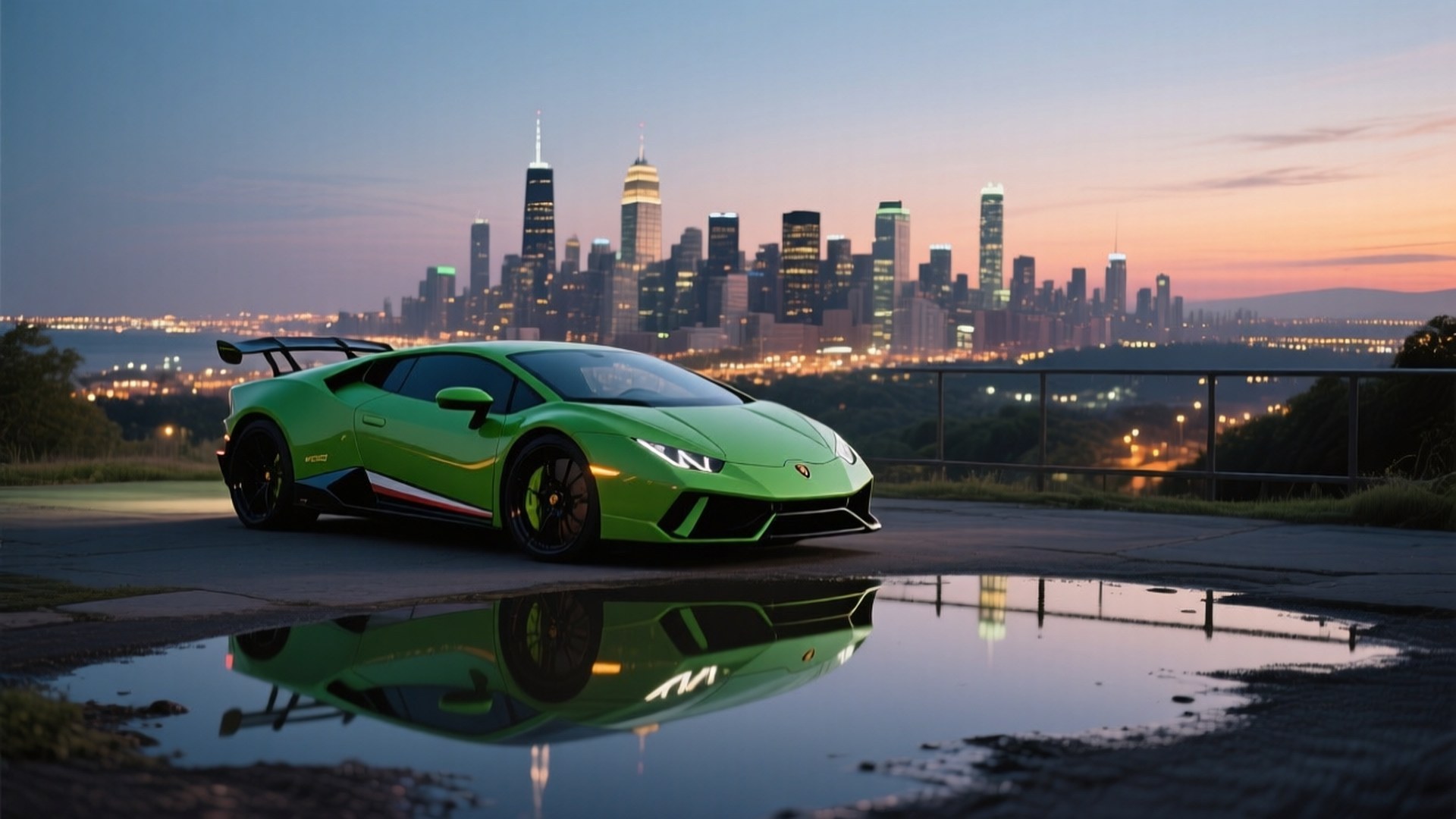 Grøn Lamborghini Huracán med udsigt over byen ved skumring