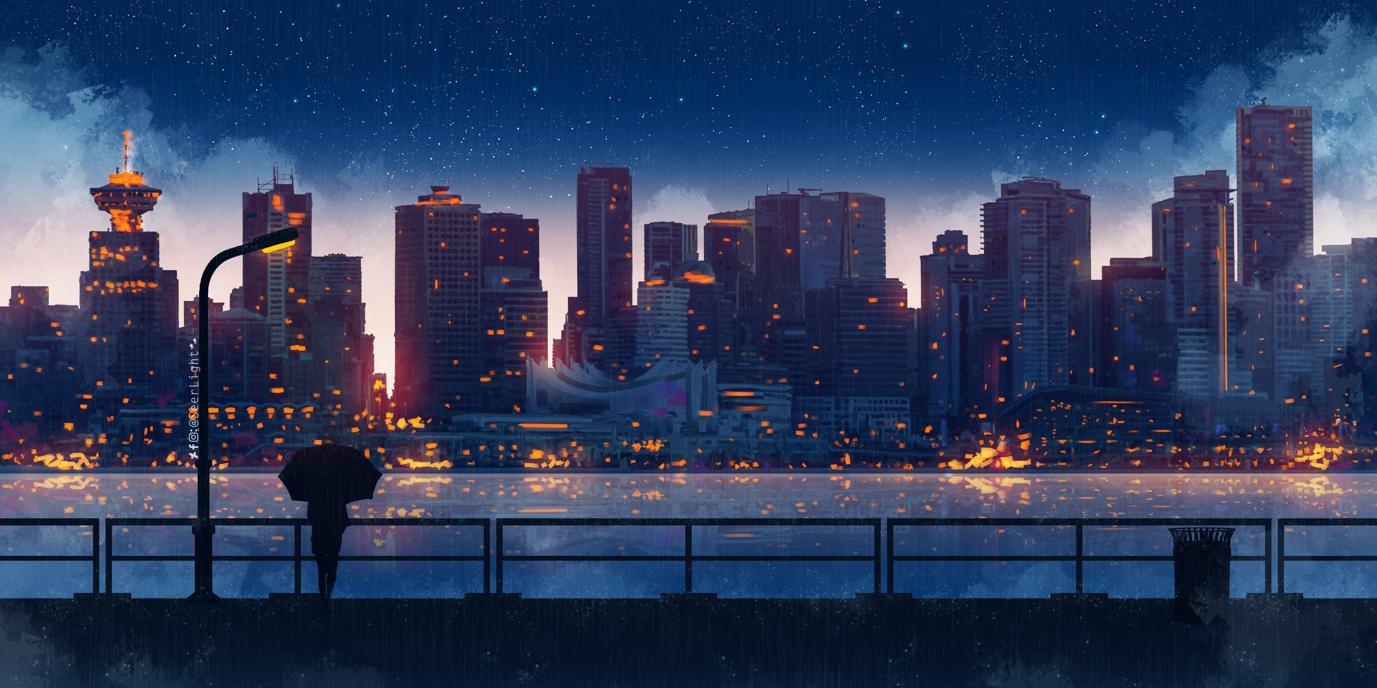Bygninger på stjernenat mørk 4K Wallpapers