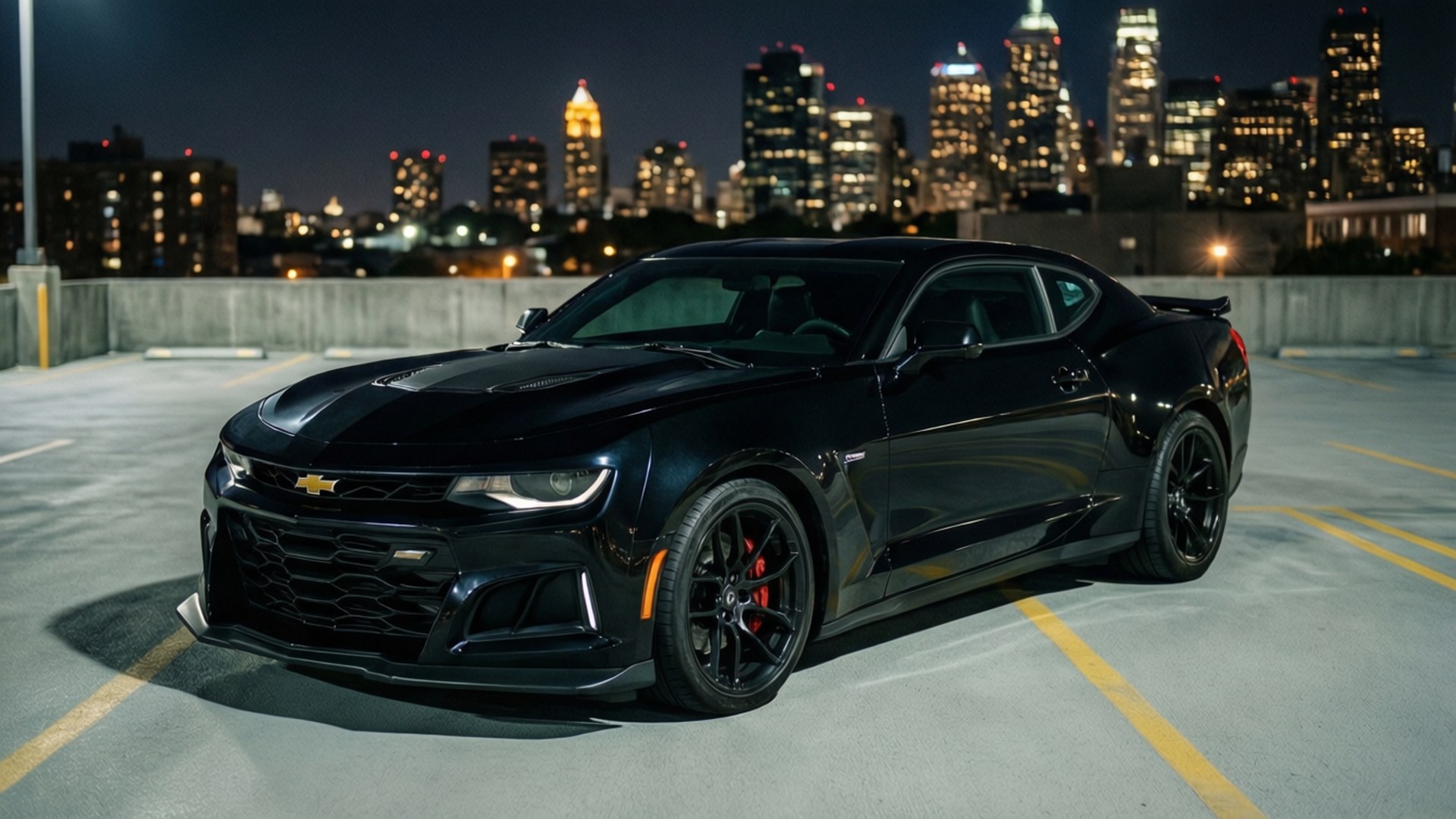 En sort Camaro ZL1 holder på en tagparkering med byens skyline om natten.