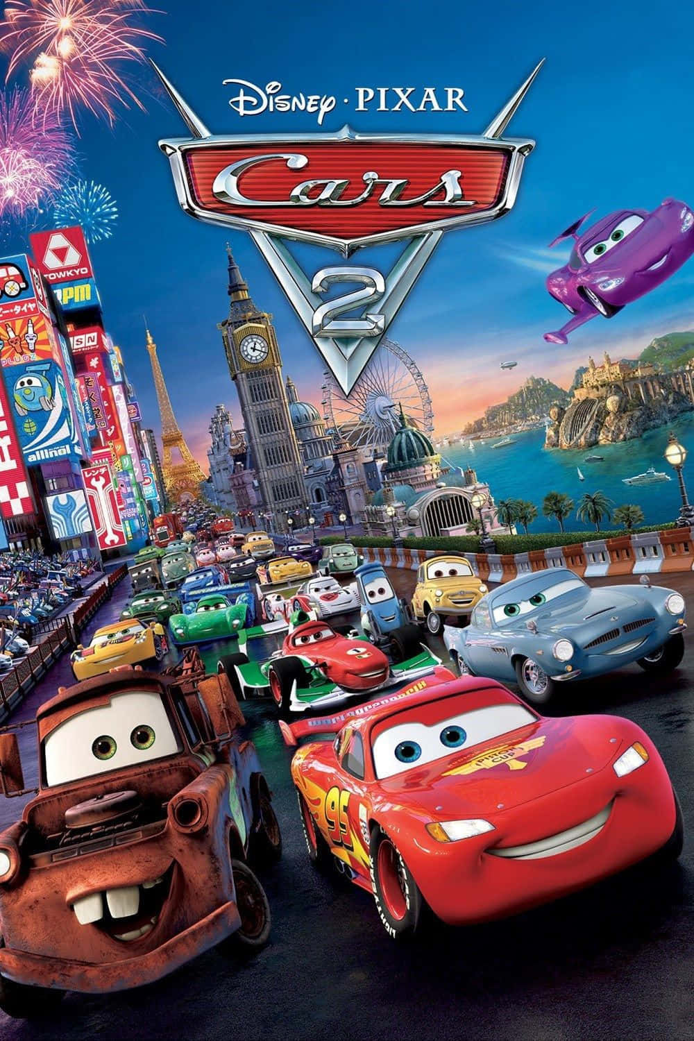 Cars 2 filmplakat med biler og fyrværkeri Wallpapers