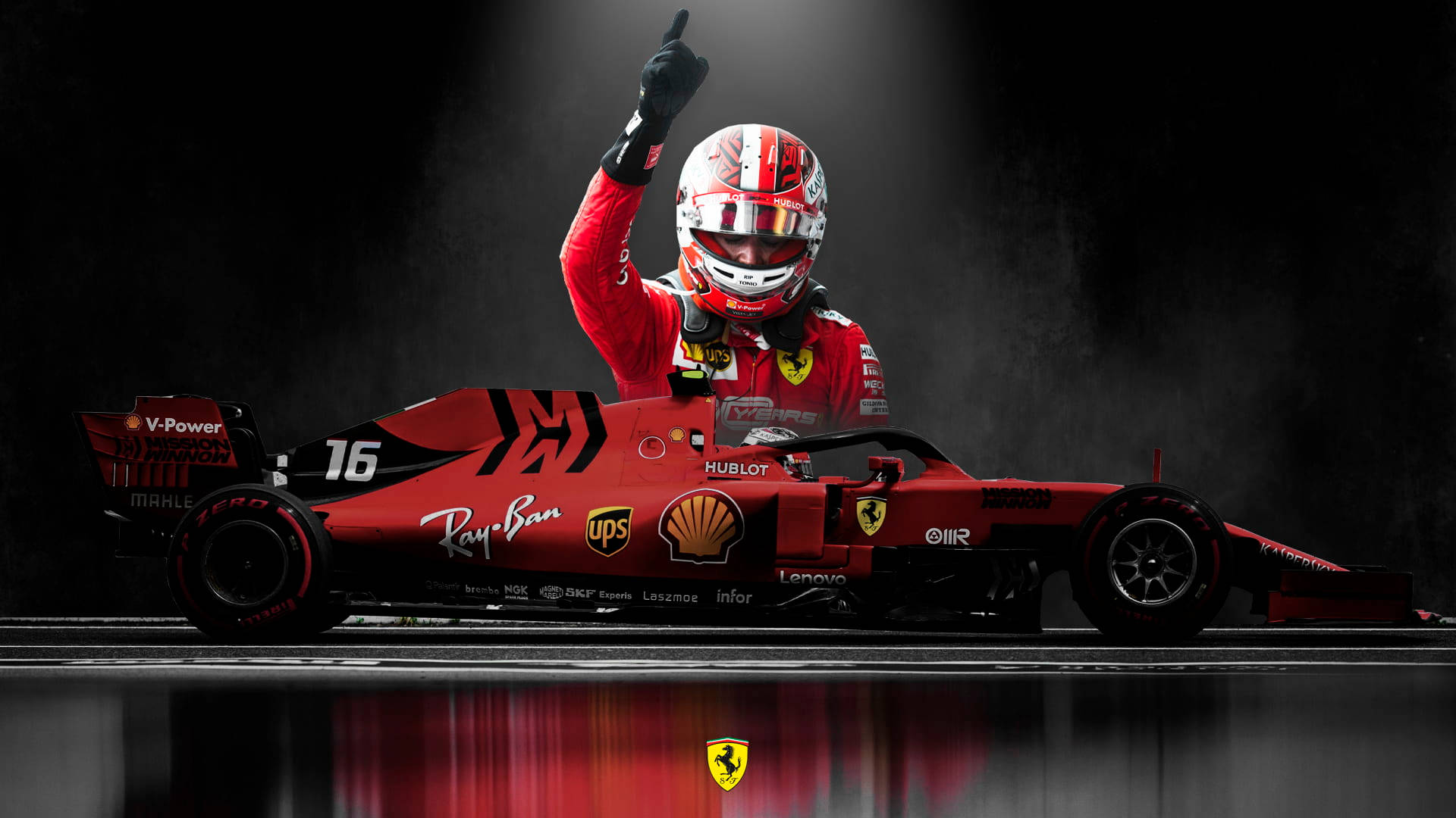 Charles Leclerc peger opad med sidevisning af bil Wallpapers