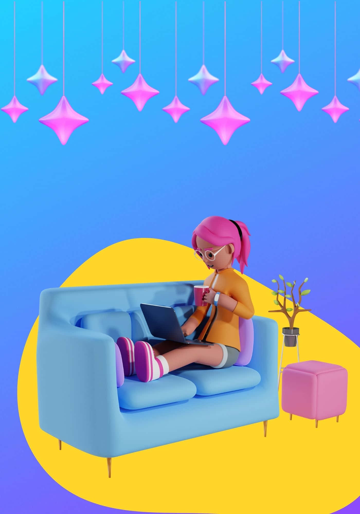 Cool 3D kvinde på blå sofa baggrund Wallpapers