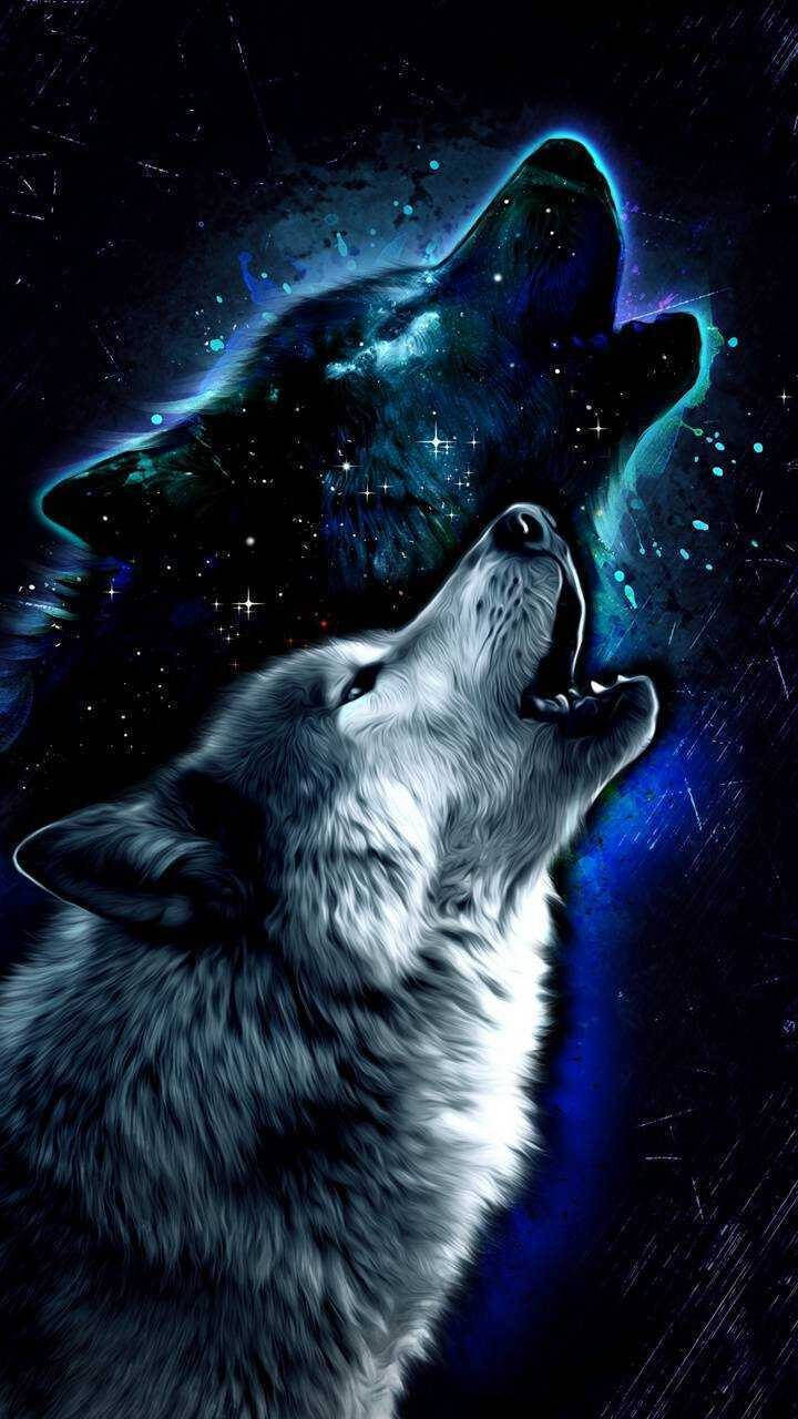 Cool Inky Galaxy med hylende ulv Wallpapers