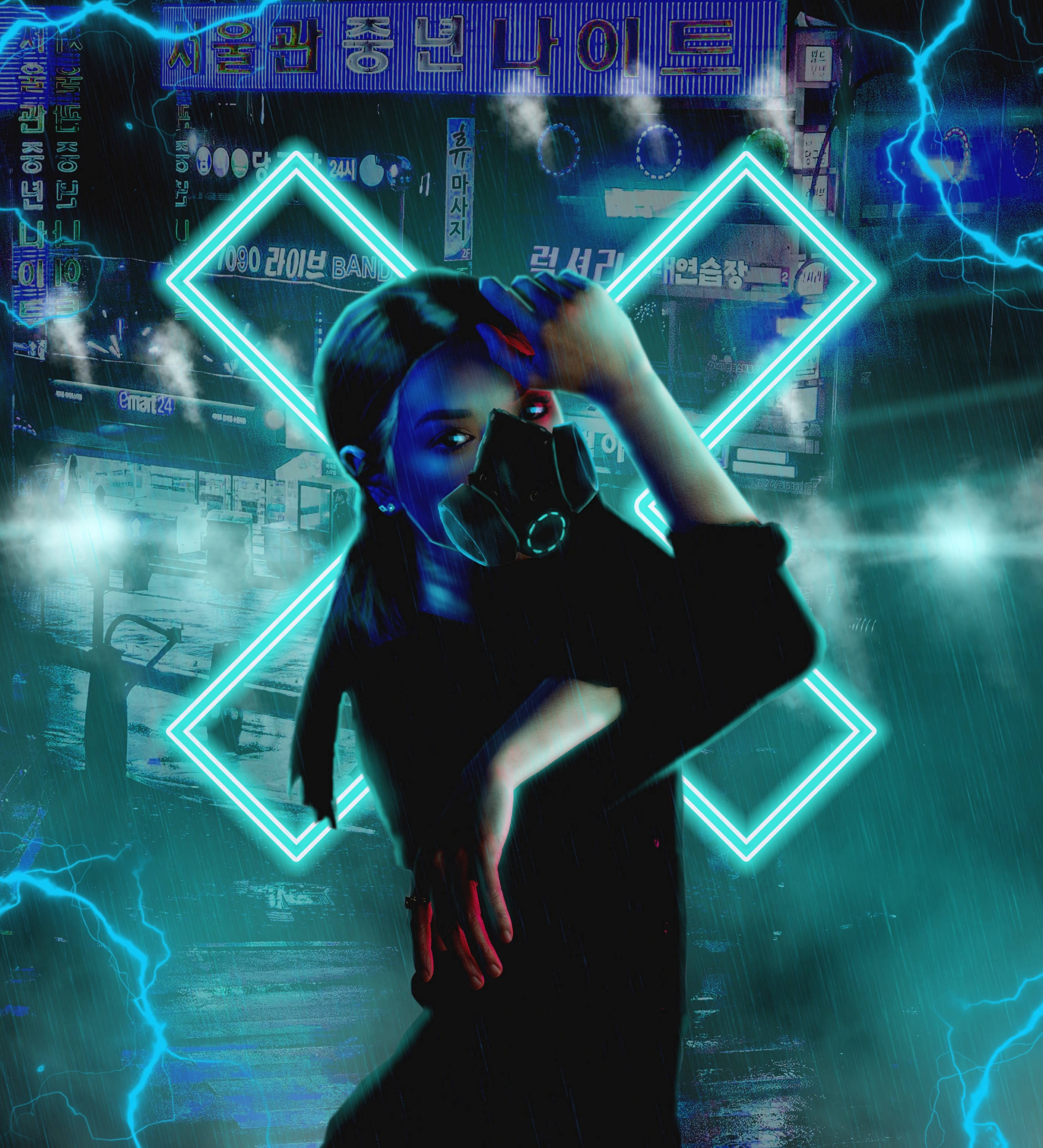 Cyberpunk-pige med åndedrætsmaske Wallpapers