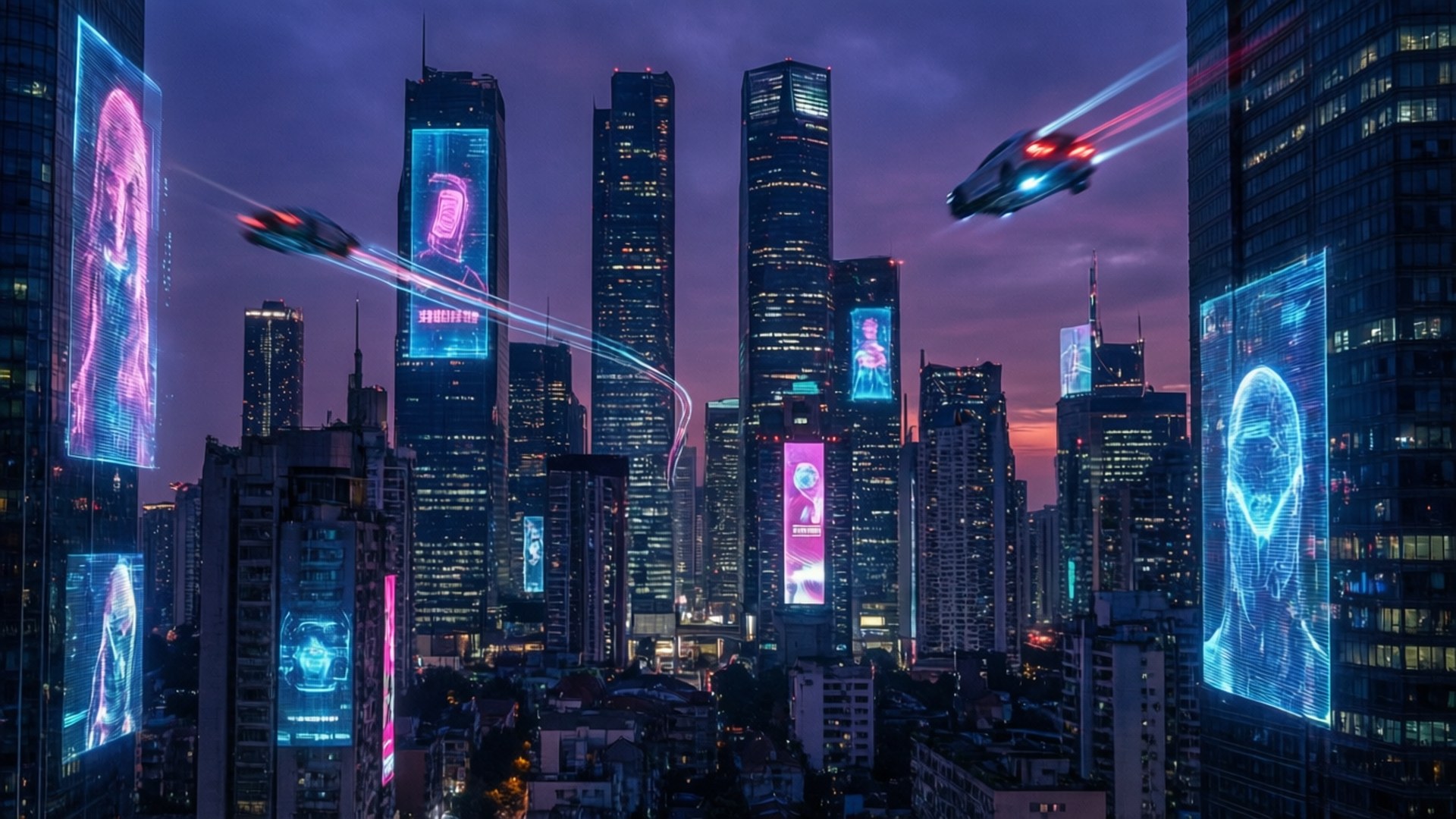 Cyberpunk Skyline ved skumring Wallpapers