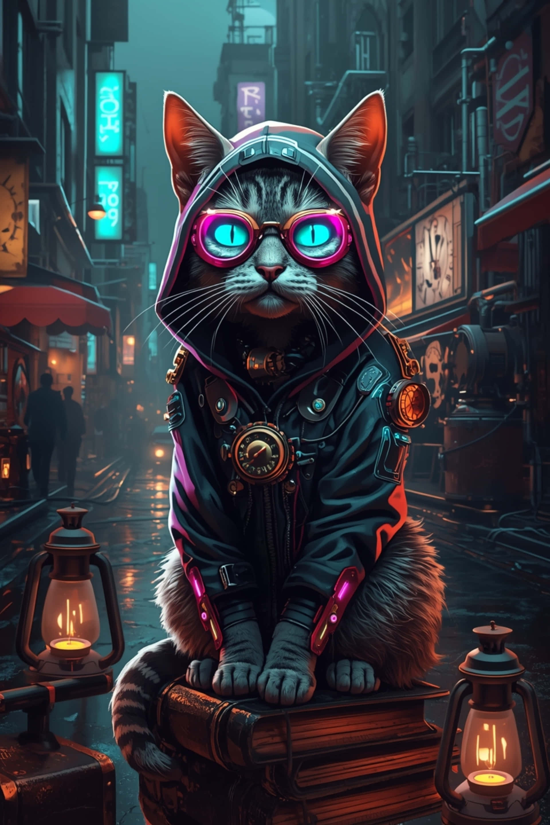 Cyberpunk Steampunk Kat med Neonbriller og Hættetrøje Tech Baggrund Wallpapers