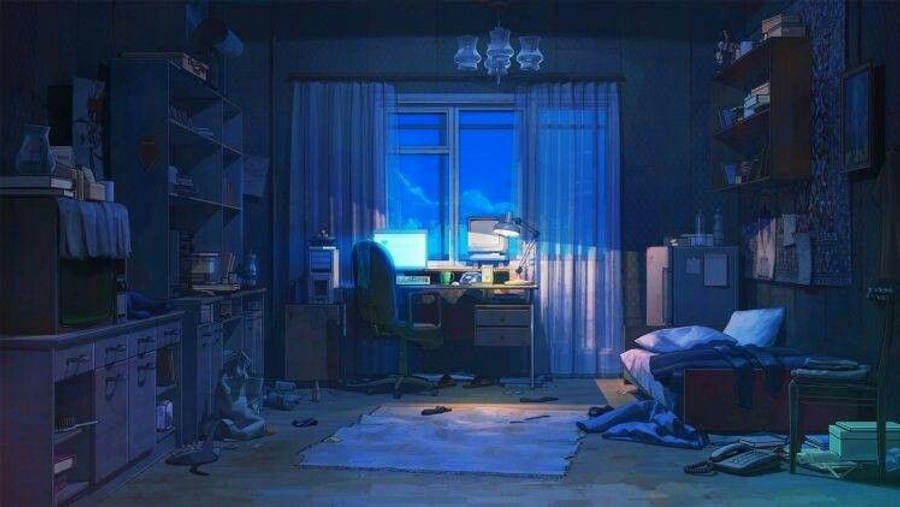 Dæmpet anime-værelse med tændt bærbar computer Wallpapers