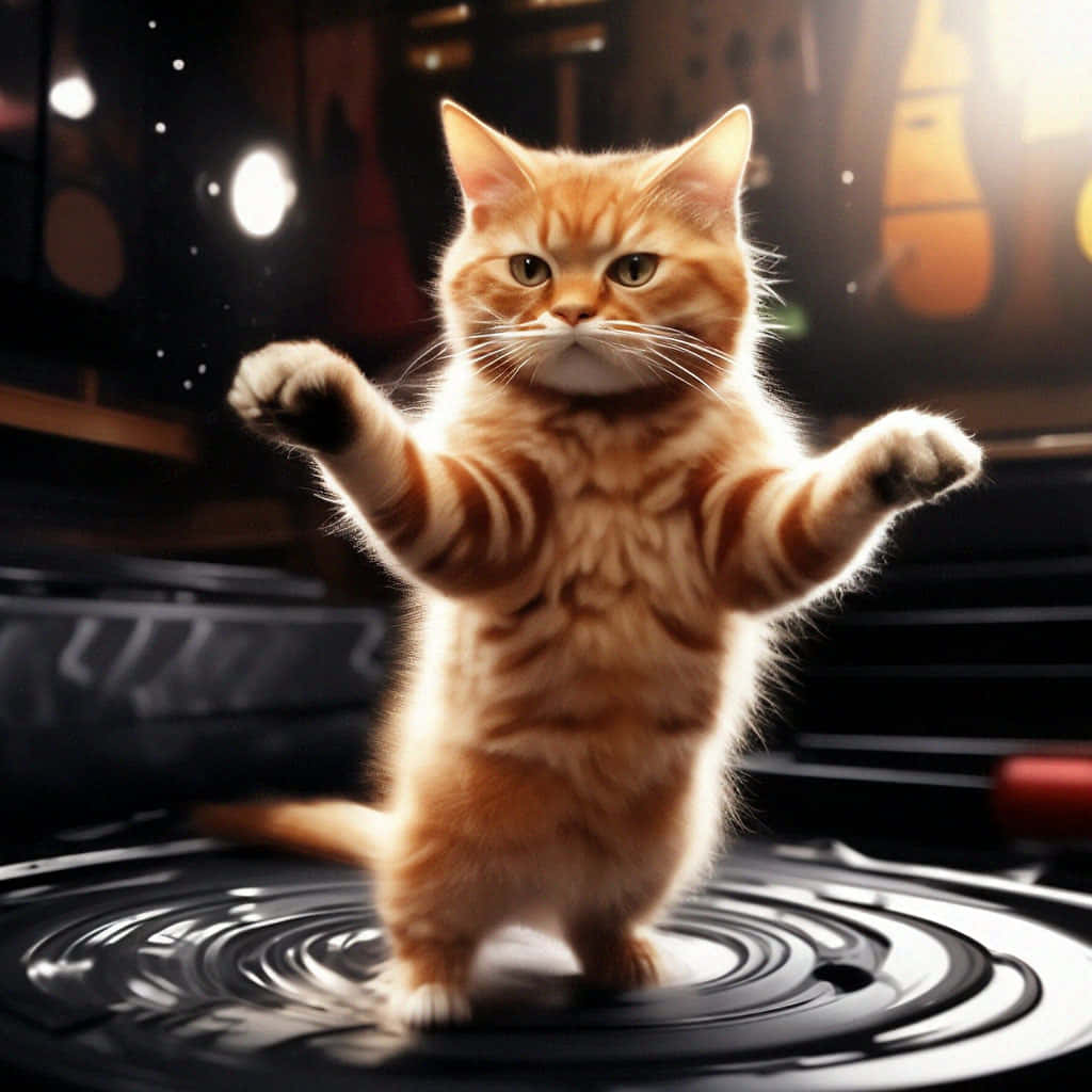 Dansende orange tabbykat på vinylplade Wallpapers