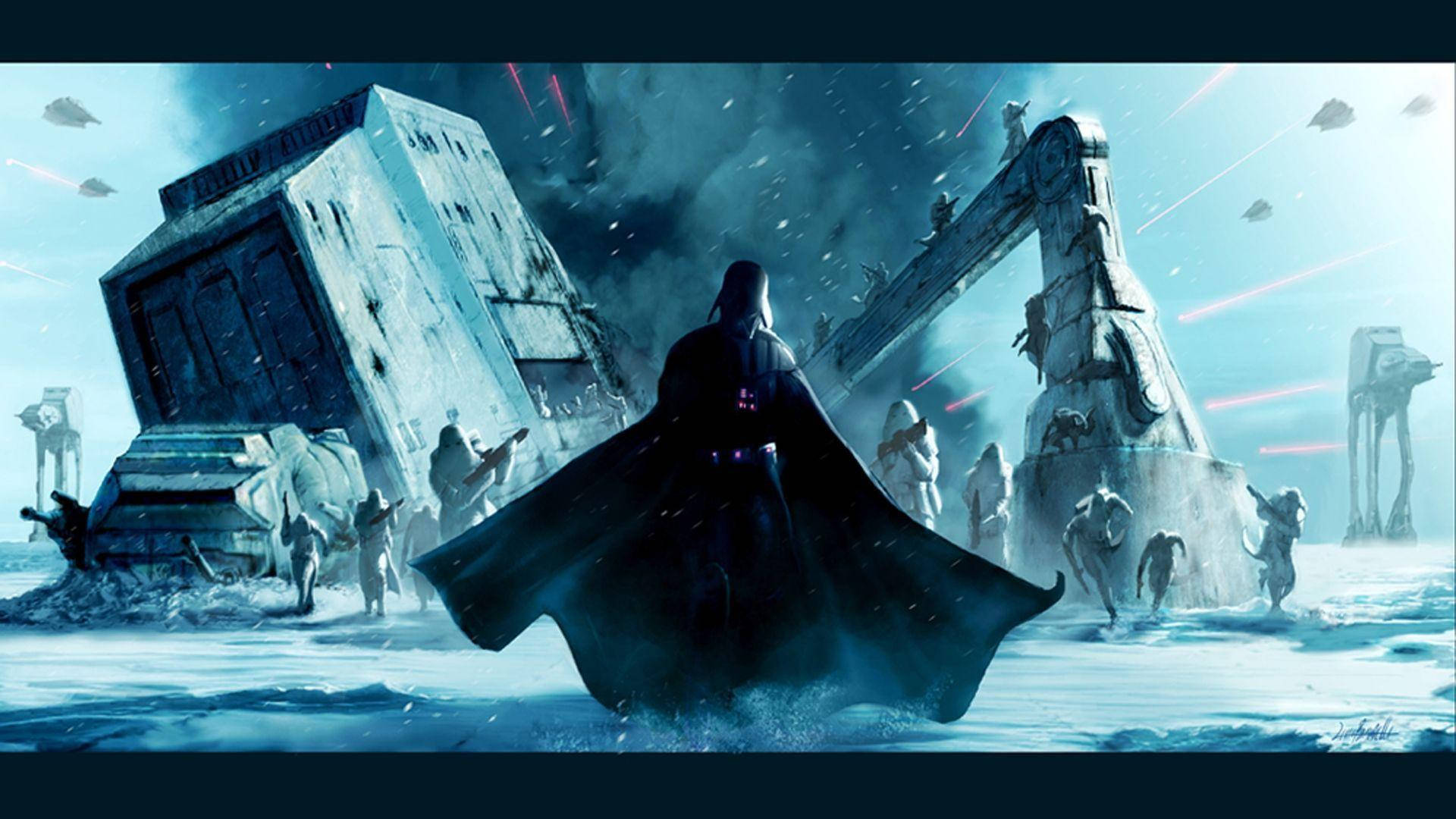 Star Wars-baggrundsbillede af Darth Vader, der står på en ødelagt byplanet — Star Wars Wallpapers