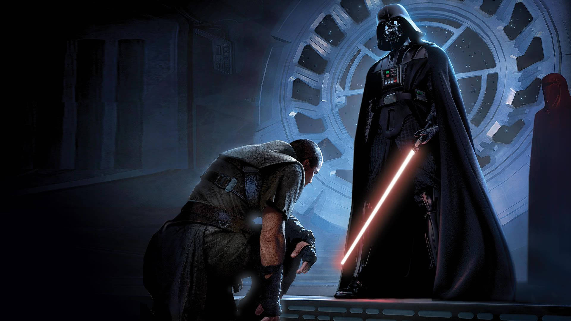 Darth Vader tårner sig op over en lyssværd Wallpapers