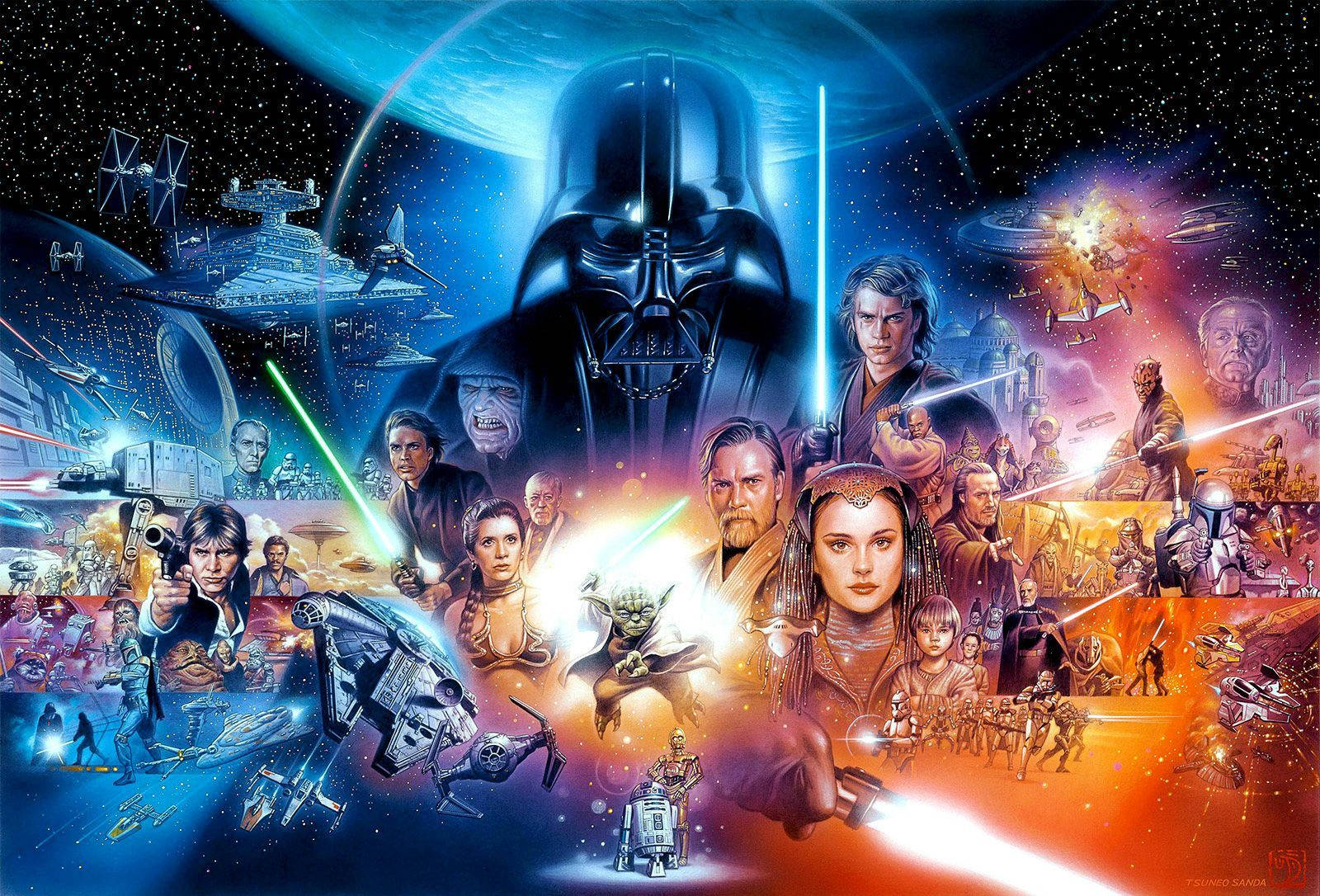 Star Wars-karakterer, rødt og blåt hold med lynsværd — Star Wars Wallpapers
