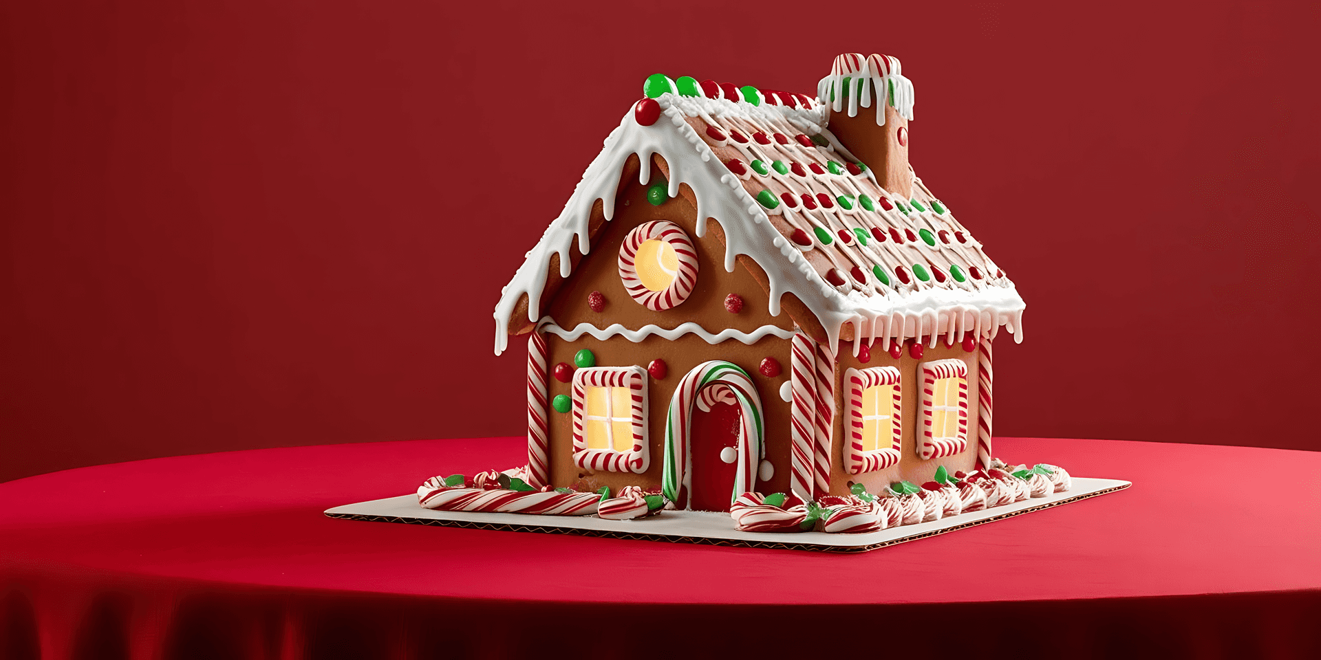 honningkagehus, jul, småkage, ferie, slik, glasur, rød baggrund, festlig, spiselig, godbid, sød, sæsonbestemt, dessert, dekoration, vinter