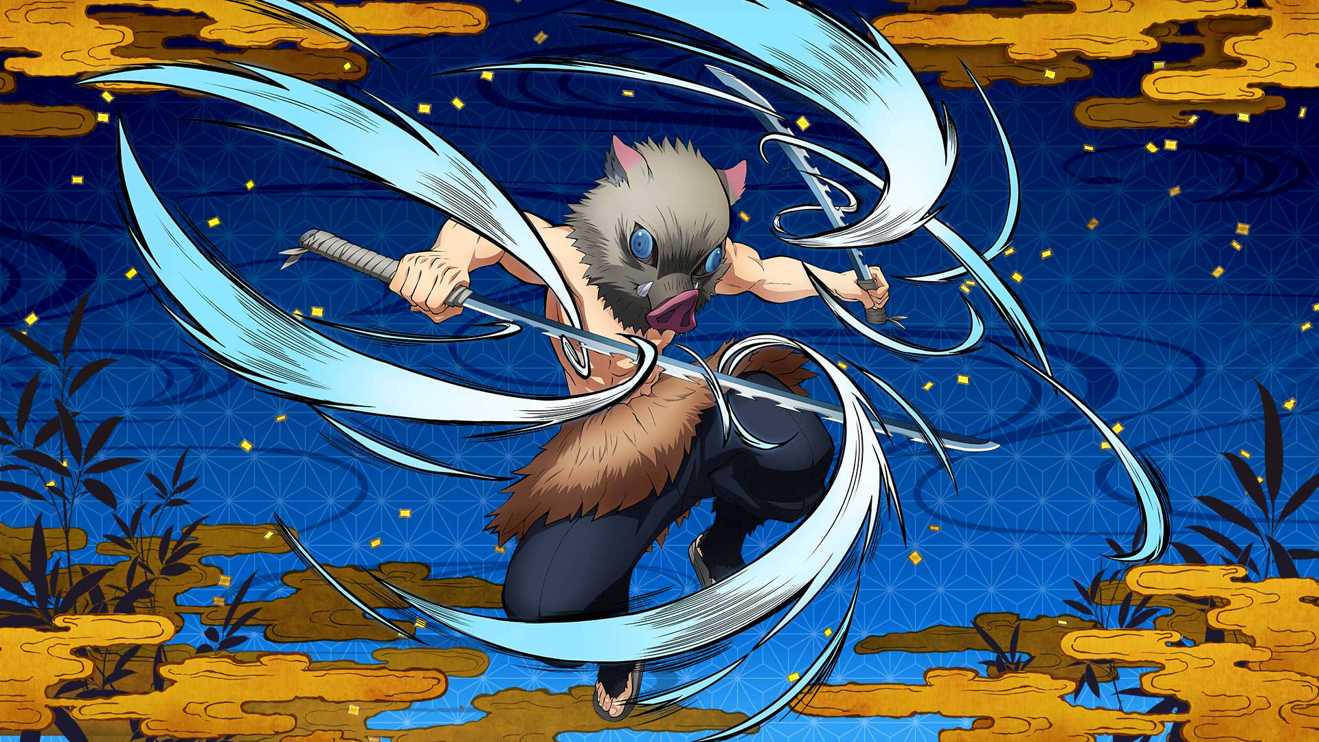 Demon Slayer Inosuke med vandhvirvler på sine sværd Wallpapers