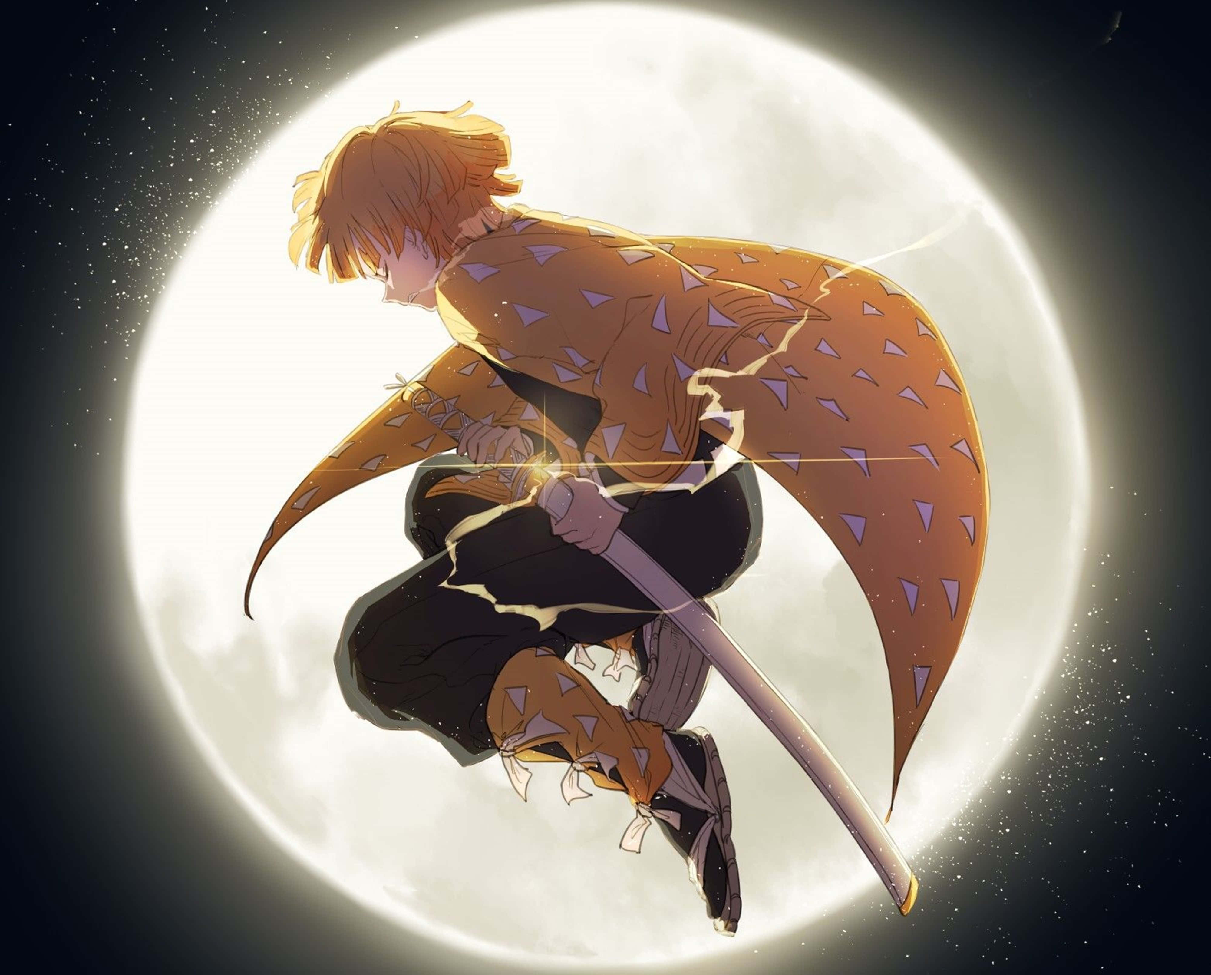 Demon Slayer Zenitsu Centreret i Månen 4K Wallpapers
