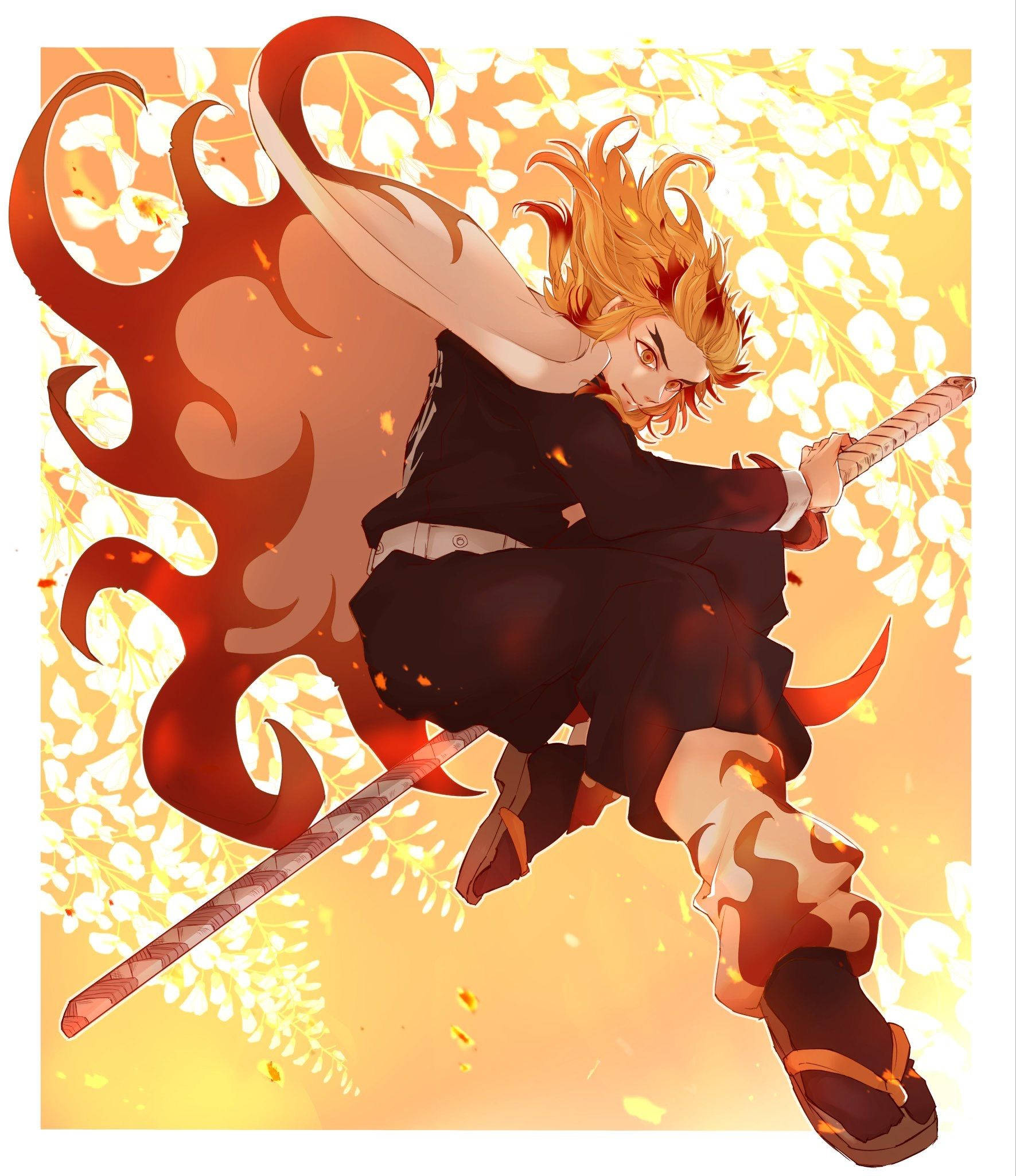 Den flygtende kriger Kyojuro Rengoku indtager en frygtløs positur. Wallpapers