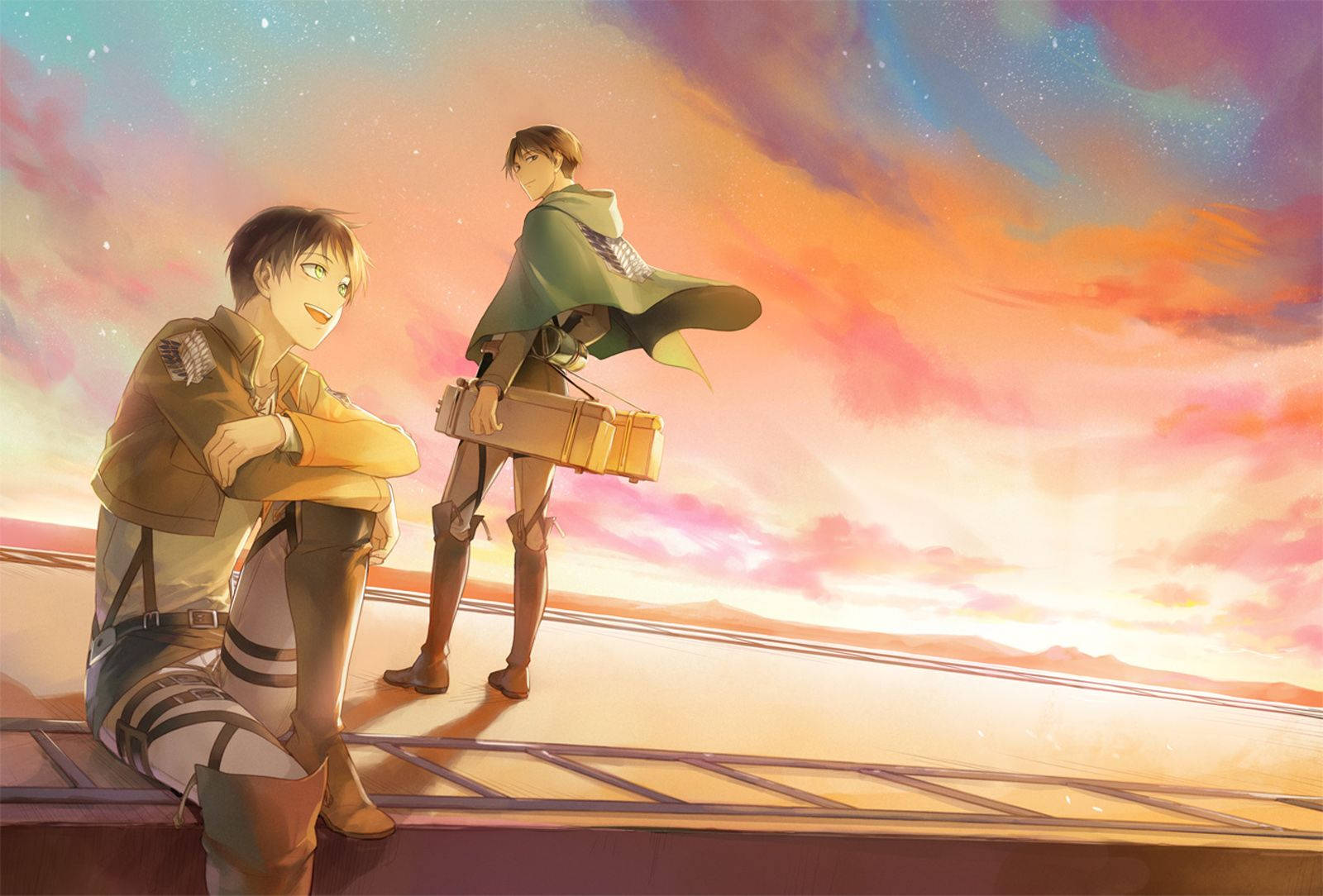 Den heroiske duo, Eren og Levi, fra Attack on Titan tager et øjeblik under en stjernenat. Wallpapers