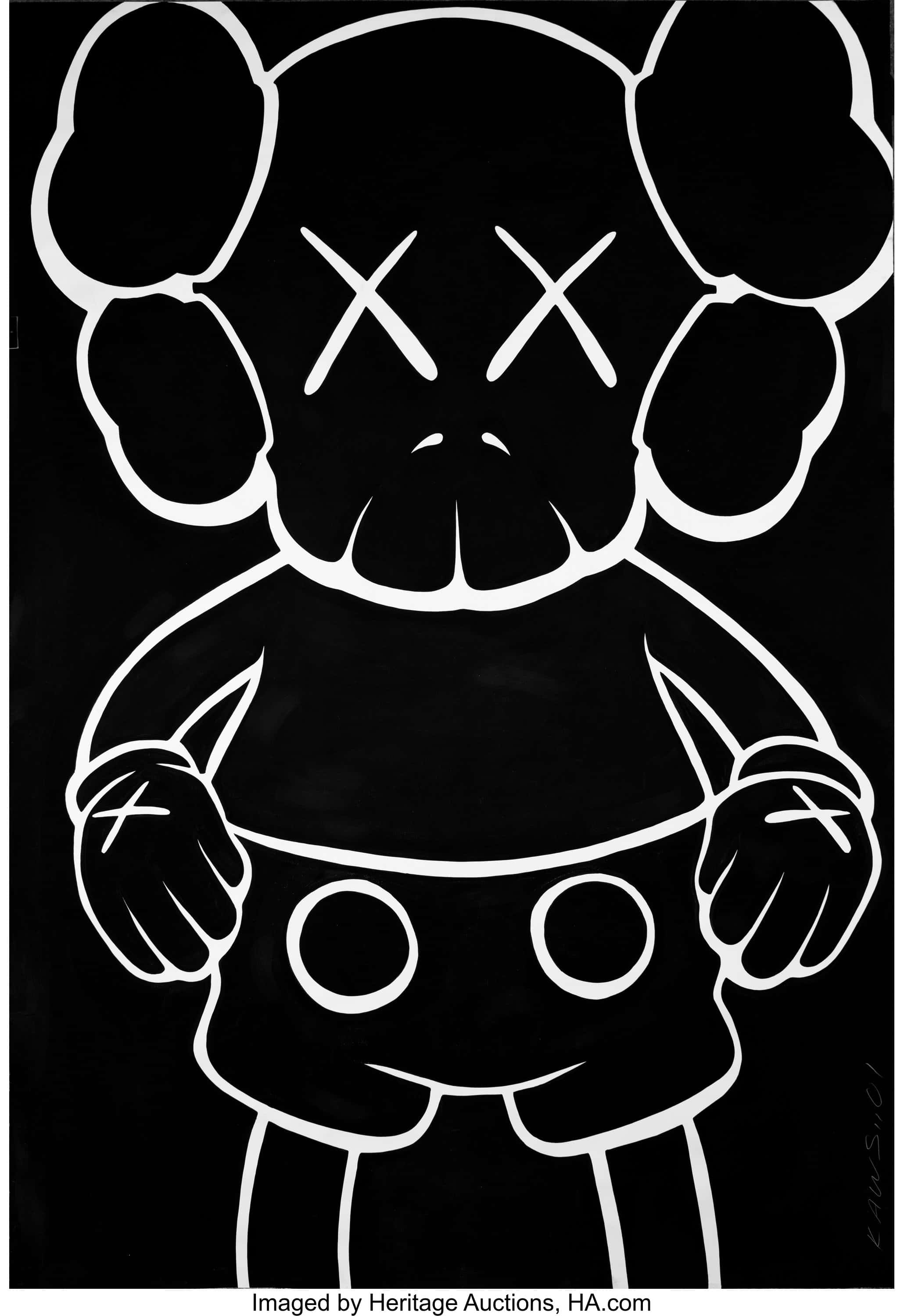 Den ikoniske KAWS Companion figur vist kigge op mod en blå himmel Wallpapers