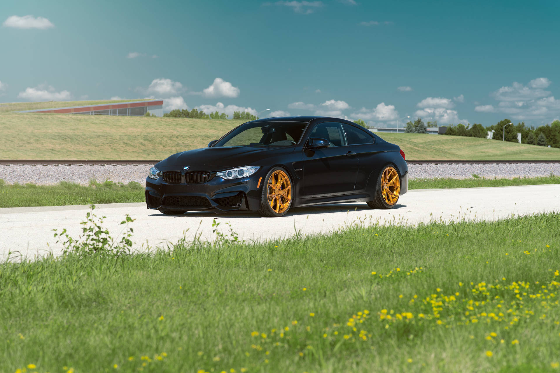 Sort BMW M4 F82 bil på vej med græs tapet — Bmw Wallpapers